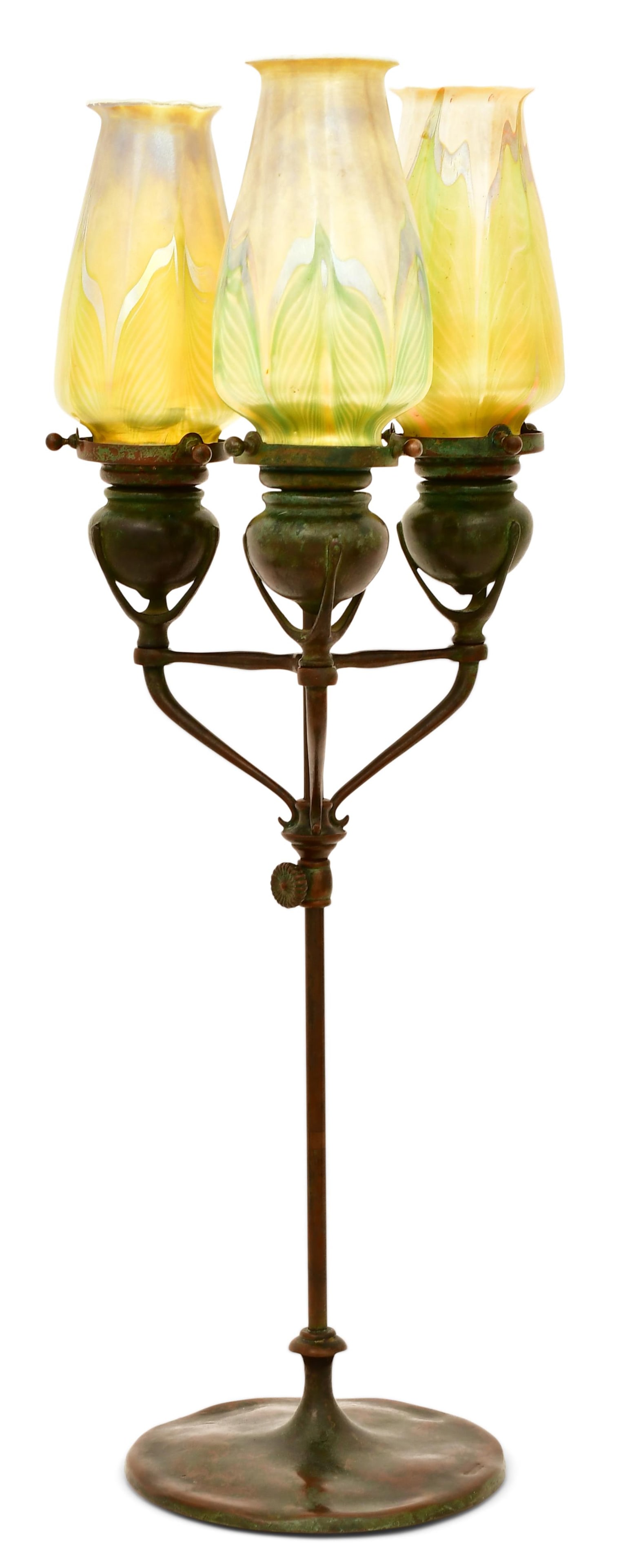 Tiffany Studios Three-Light Candlestick with "Pulled Feather" Shades - 2