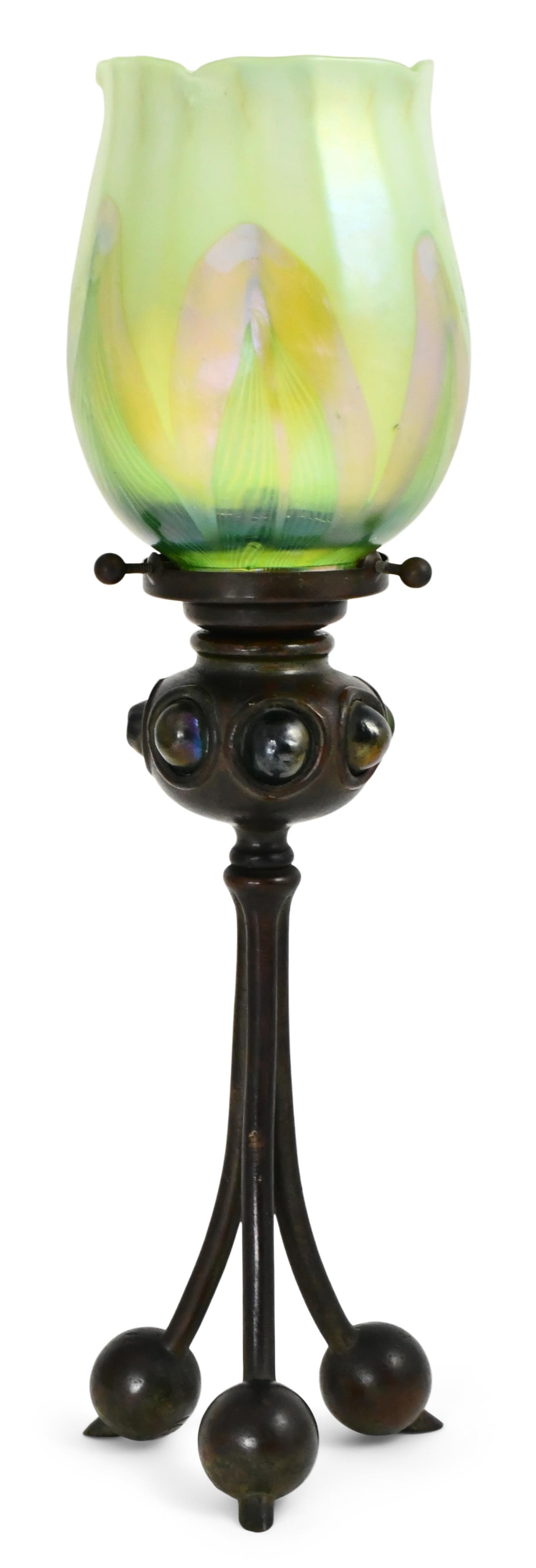 Tiffany Studios "Jeweled" Tripod Candlestick with "Pulled Feather" Shade: Tiffany Studios "Jeweled" Tripod Candlestick circa 1905 with "Pulled Feather" shade leaded glass, patinated bronze shade engraved "L.C.T." base impressed with monogram 13 1/2 x 4 inches Proven