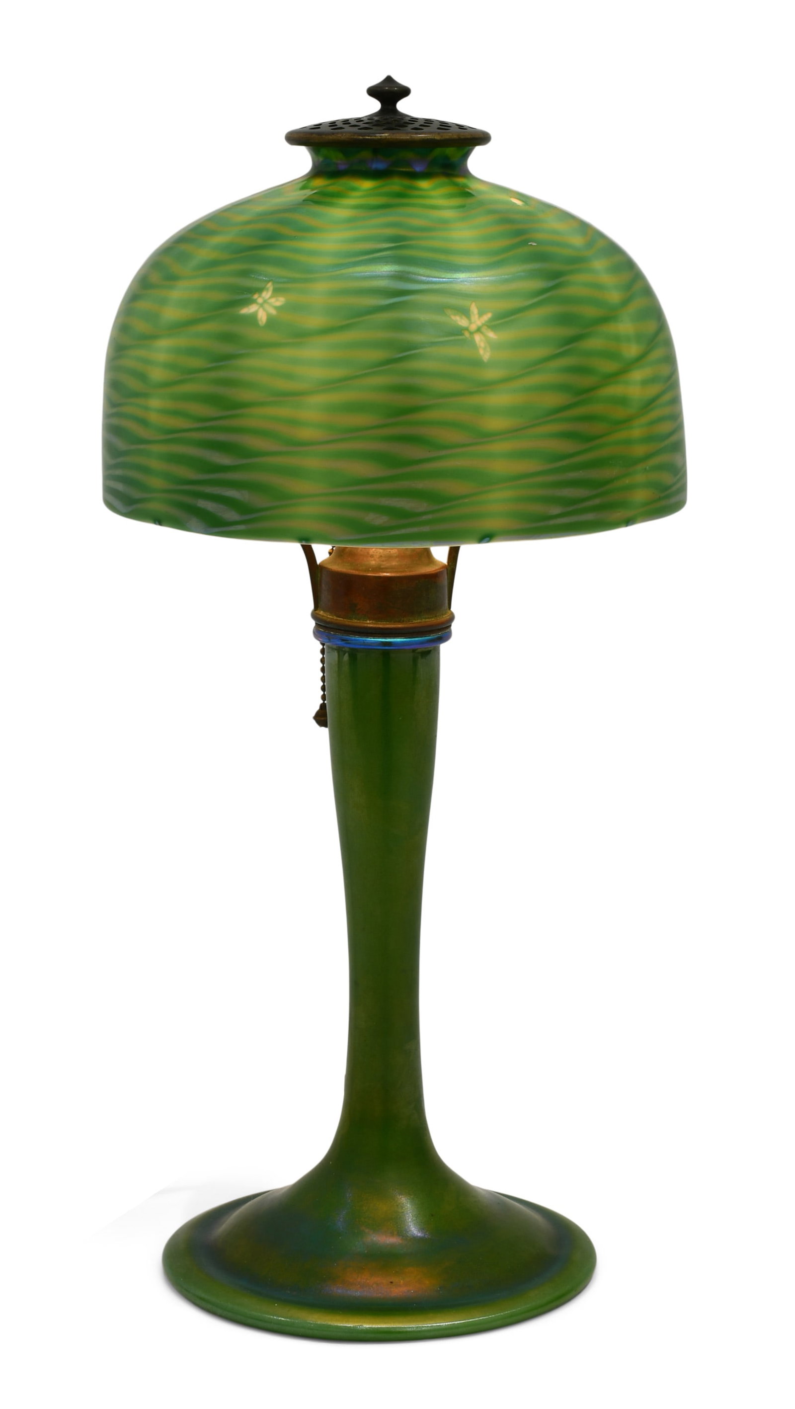 Tiffany Studios "Damascene" Desk Lamp: Tiffany Studios "Damascene" Desk Lamp circa 1910 the shade with engraved flying insects favrile glass, patinated bronze shade engraved "L.C.T." base engraved "L.C. Tiffany - Favrile" 15 x 7 inches <