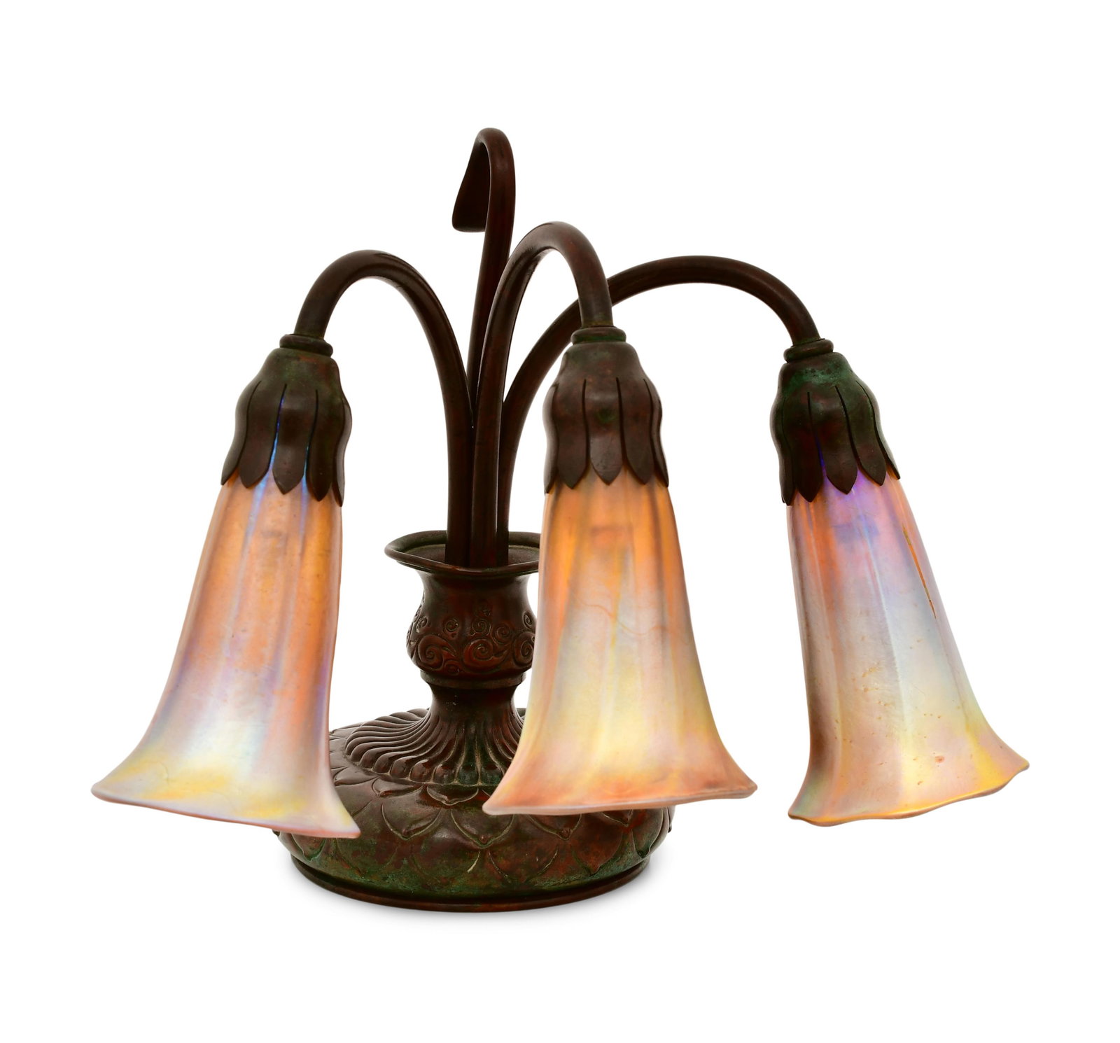 Tiffany Studios Three-Light "Lily" Piano Lamp: Tiffany Studios Three-Light "Lily" Piano Lamp circa 1910 favrile glass, patinated bronze each shade engraved "L.C.T." base impressed "Tiffany Studios, New York, 320" 8 1/2 x 10 x 9 inches Provenanc