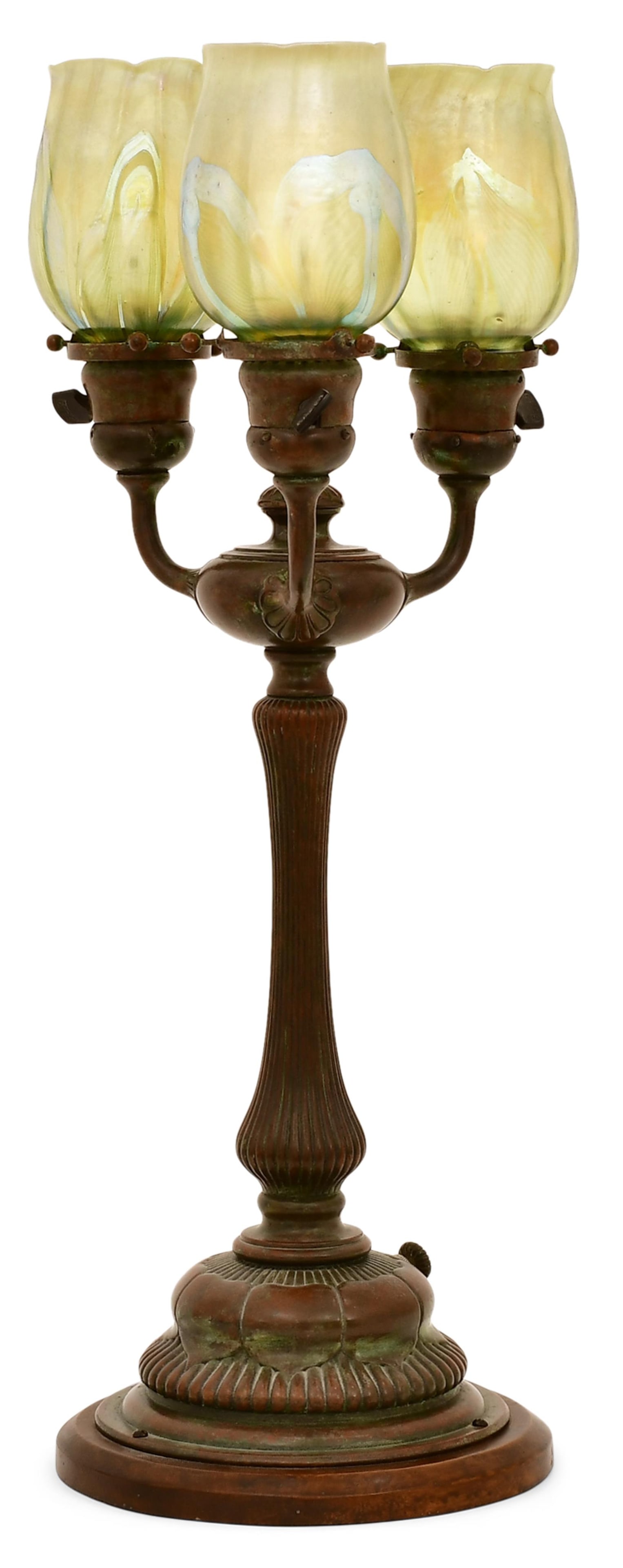 Tiffany Studios Three-Light Table Lamp with "Pulled Feather" Shades: Tiffany Studios Three-Light Table Lamp with "Pulled Feather" Shades circa 1910 favrile glass, patinated bronze shades engraved "S2318, S2302, S2301" 22 1/2 x 9 inches Provenance: Important Private