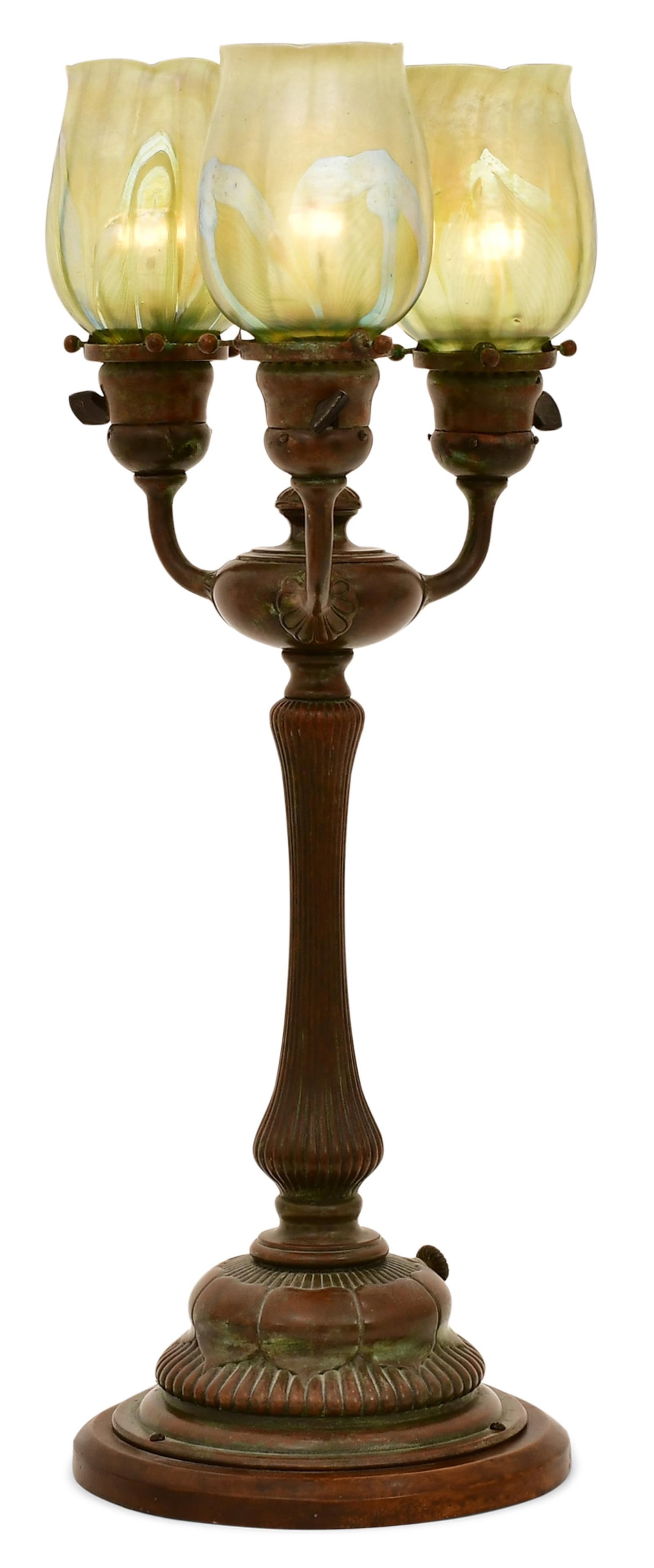 Tiffany Studios Three-Light Table Lamp with "Pulled Feather" Shades - 2