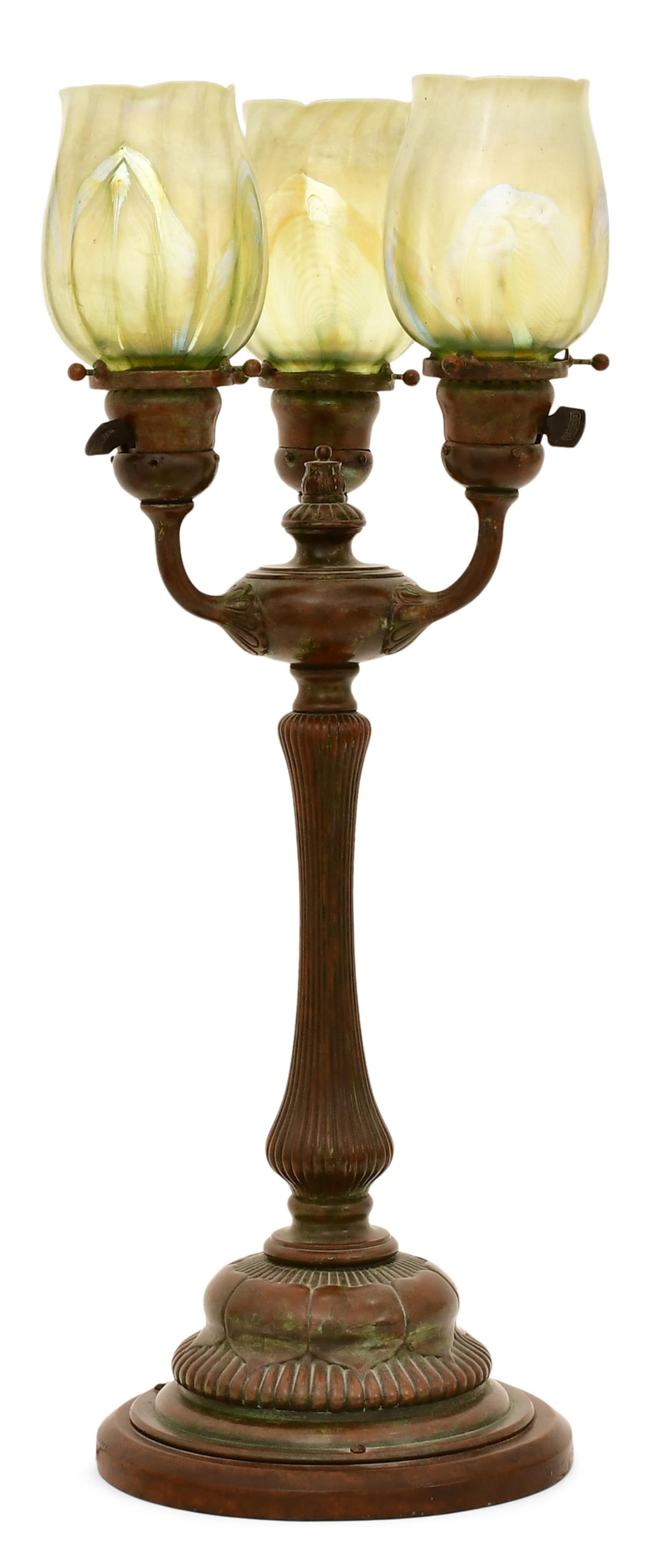 Tiffany Studios Three-Light Table Lamp with "Pulled Feather" Shades - 3