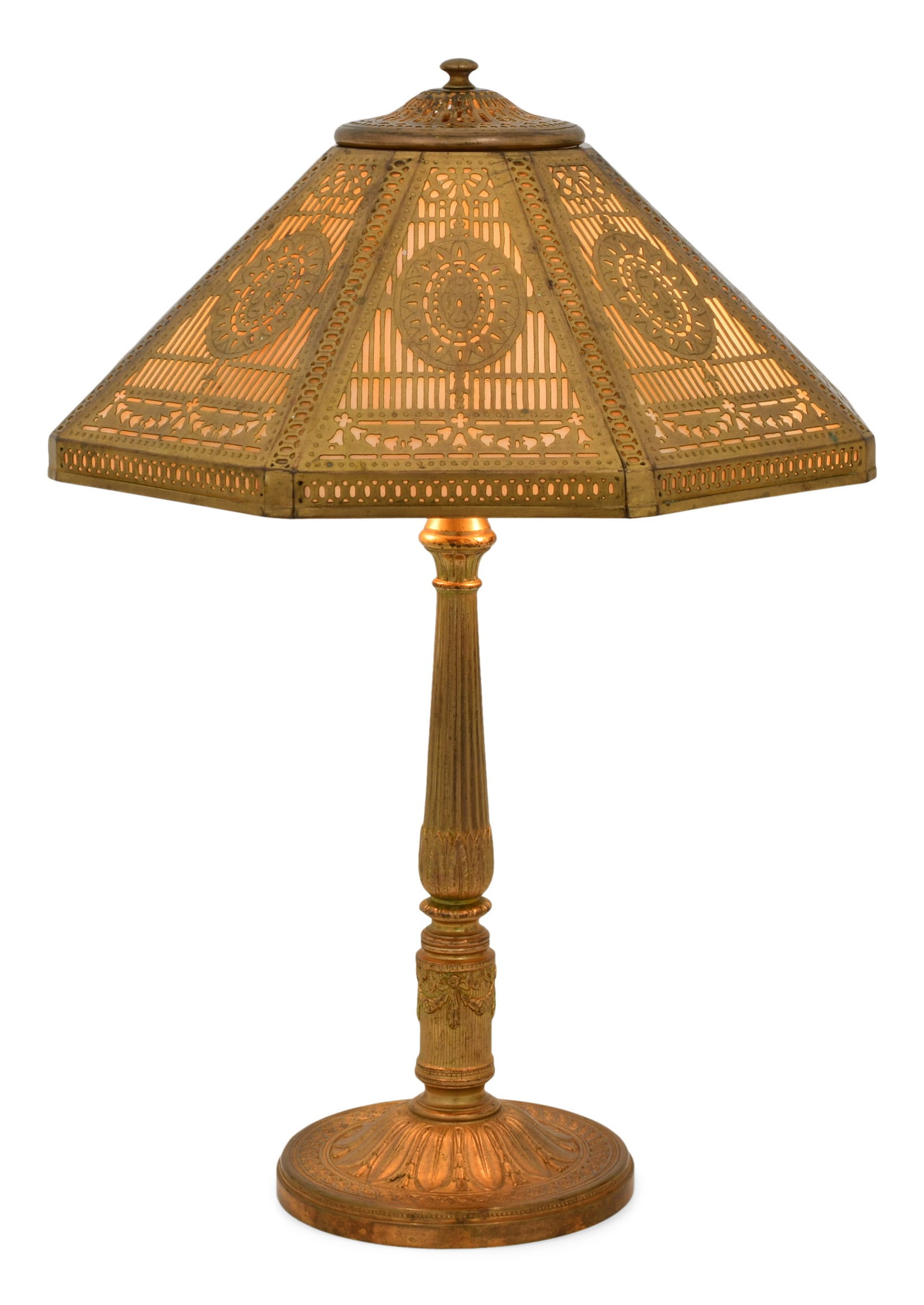 Tiffany Studios "Adam" Desk Lamp: Tiffany Studios "Adam" Desk Lamp circa 1910 gilt bronze, leaded glass shade impressed "Tiffany Studios, New York, 1412" base impressed "Tiffany Studios, New York, 539" 18 x 12 inches Other Notes: