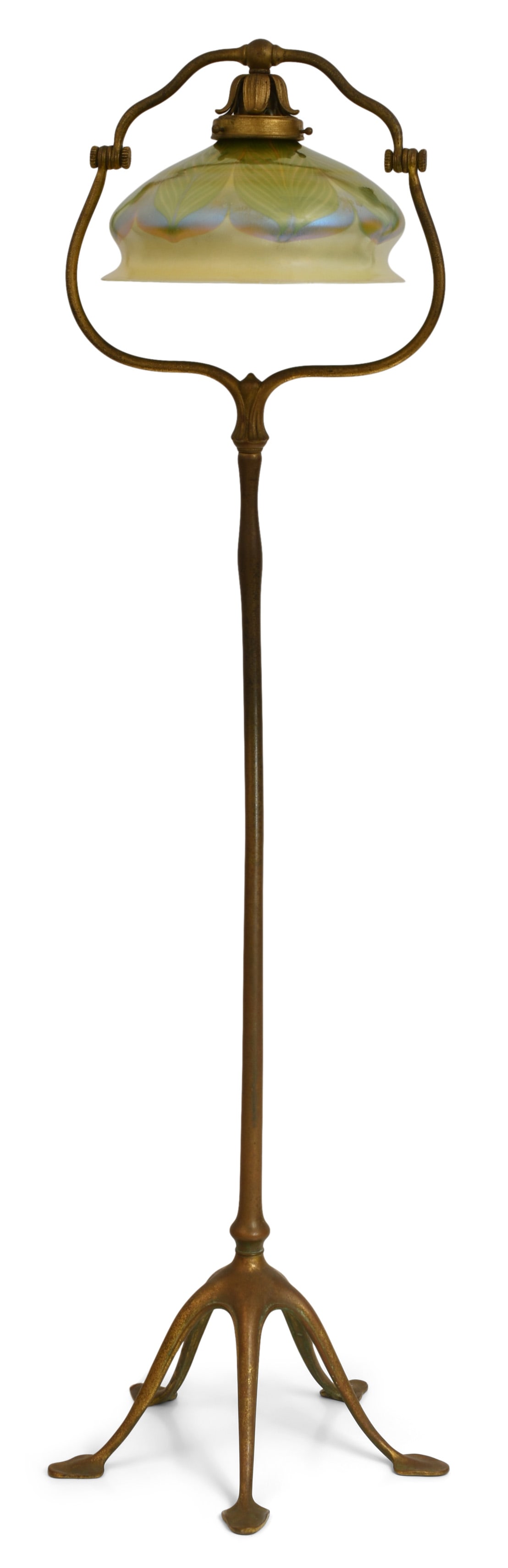 Tiffany Studios "Pulled Feather" Split Harp Floor Lamp: Tiffany Studios "Pulled Feather" Split Harp Floor Lamp circa 1910 favrile glass, gilt bronze shade engraved "L.C.T." base impressed "Tiffany Studios, New York, 423H" 57 1/2 in. high, 12 in. diameter (