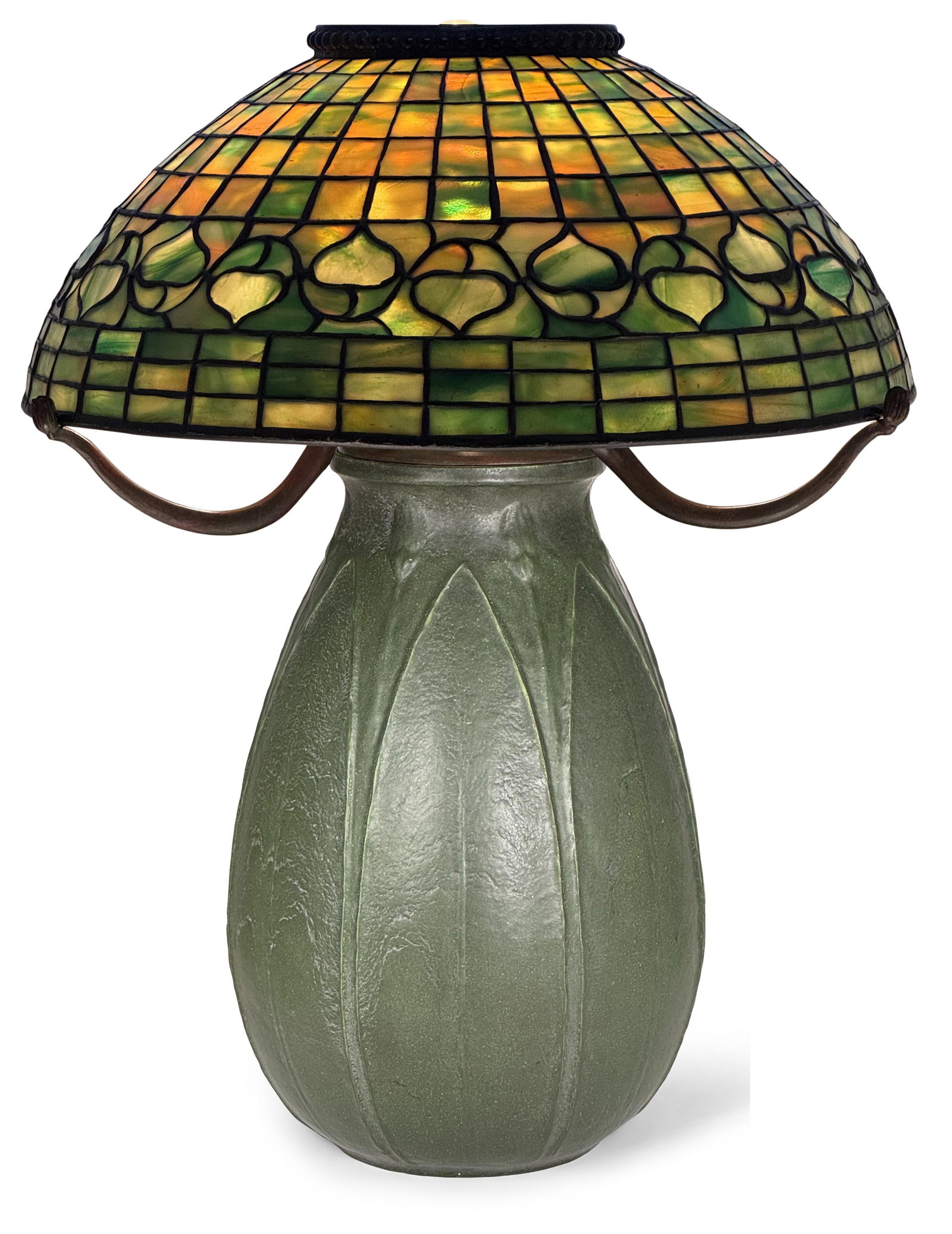 Tiffany Studios / Grueby Faience Co. "Vine Border" Table Lamp: Tiffany Studios / Grueby Faience Co. "Vine Border" Table Lamp circa 1905 leaded glass, patinated bronze, glazed earthenware shade impressed "Tiffany Studios, New York" base impressed with the firm's