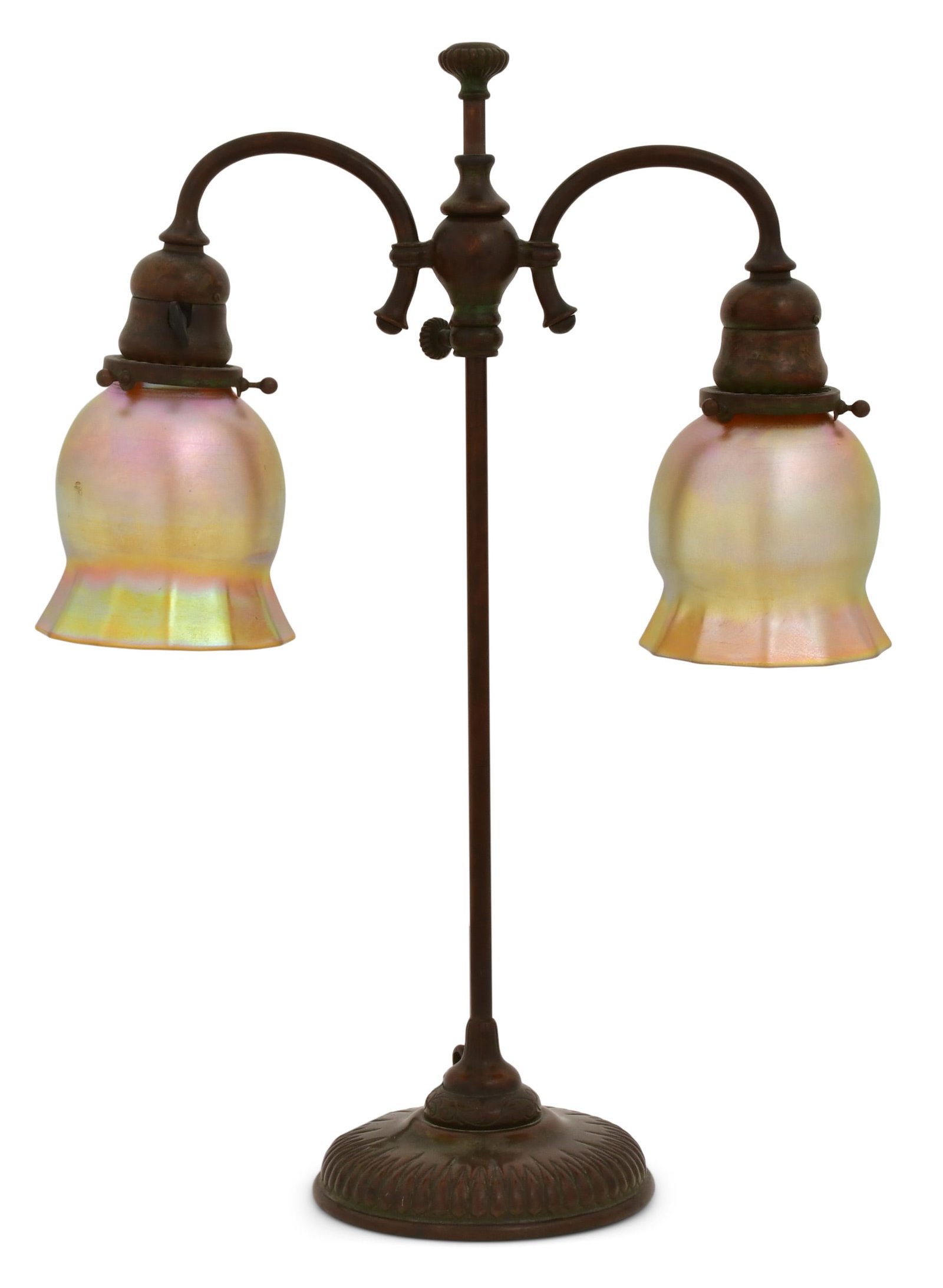 Tiffany Studios Double Student Lamp: Tiffany Studios Double Student Lamp circa 1910 patinated bronze, favrile glass base impressed "Tiffany Studios, New York, 6829" 19 1/2 x 17 1/2 x 7 inches Provenance: Private Collection, Massachusetts
