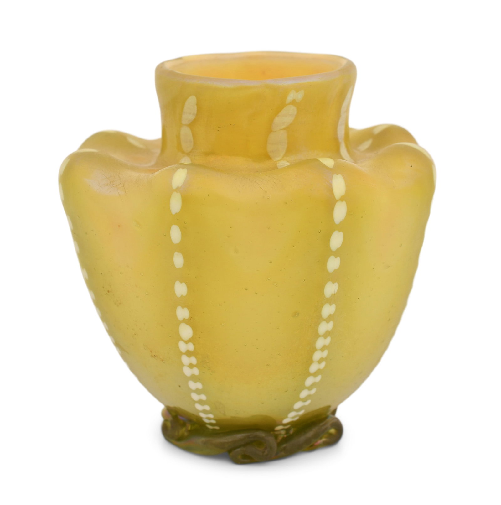 Tiffany Studios, An Early "Zipper" Vase with Applied Foot, Special Order: Tiffany Studios An Early "Zipper" Vase with Applied Foot, Special Order circa 1900 favrile glass engraved "L.C.T. / o10035" 3 1/4 x 3 inches Provenance: Property from an Important Northeast