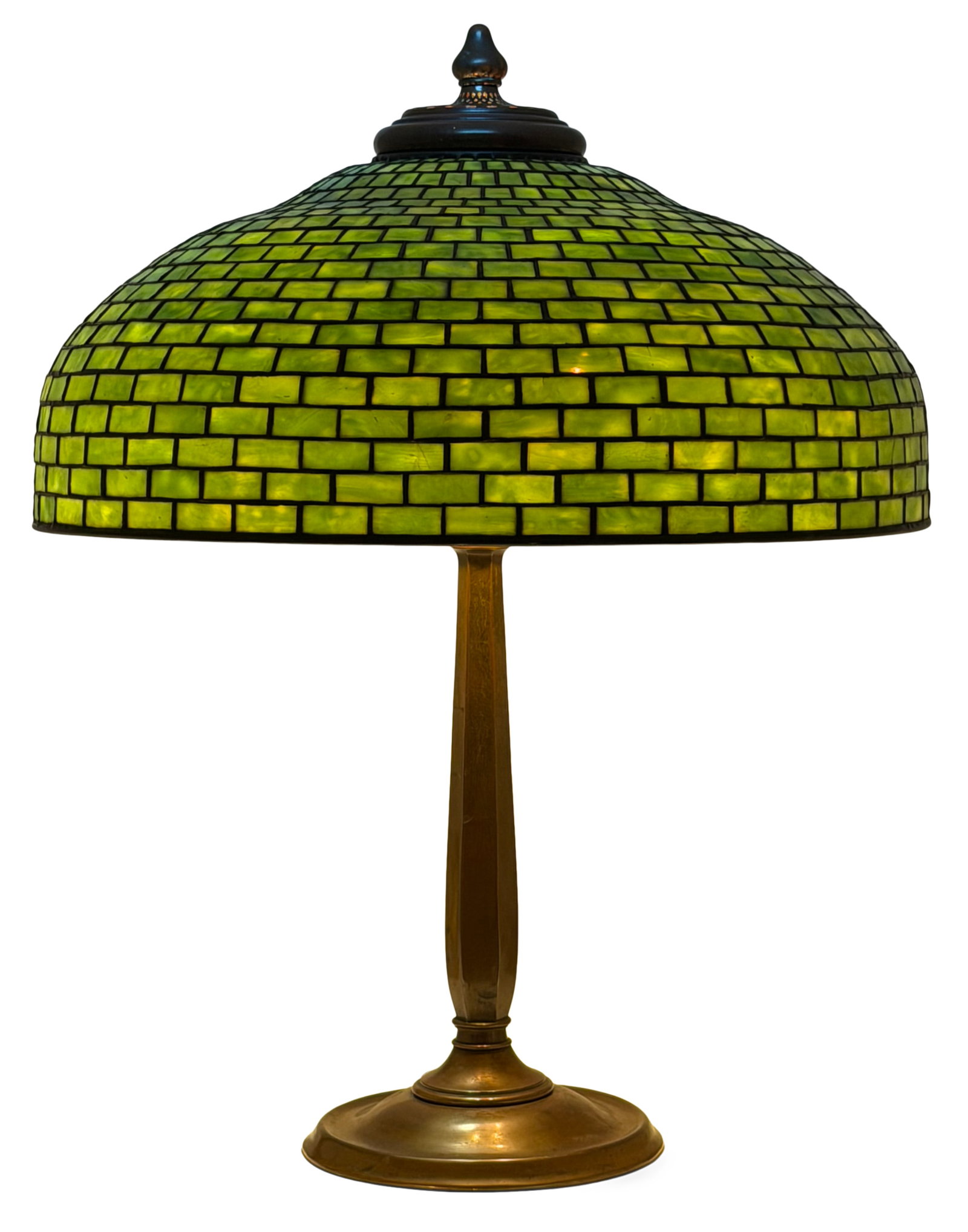 Tiffany Studios "Geometric" Table Lamp: Tiffany Studios "Geometric" Table Lamp circa 1905 leaded glass, patinated bronze shade impressed "Tiffany Studios, New York" base impressed "Tiffany Studios, New York, 532" 28 1/2 in. high, 22 1/2