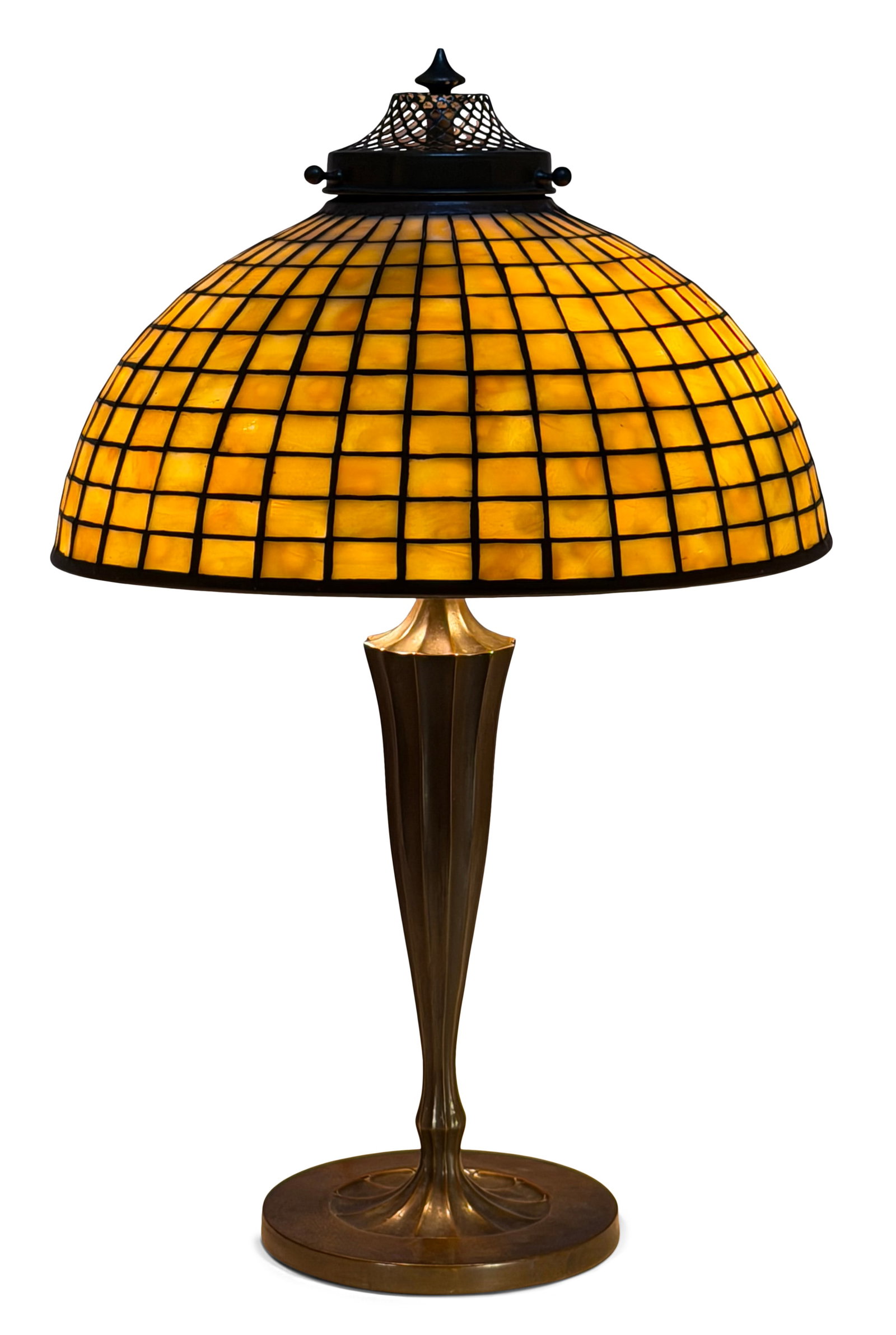 Tiffany Studios "Geometric" Table Lamp: Tiffany Studios "Geometric" Table Lamp circa 1910 leaded glass, patinated bronze shade impressed "Tiffany Studios, New York, 1411" base impressed "Tiffany Studios, New York, 617" 18 1/2 in. high, 12 i