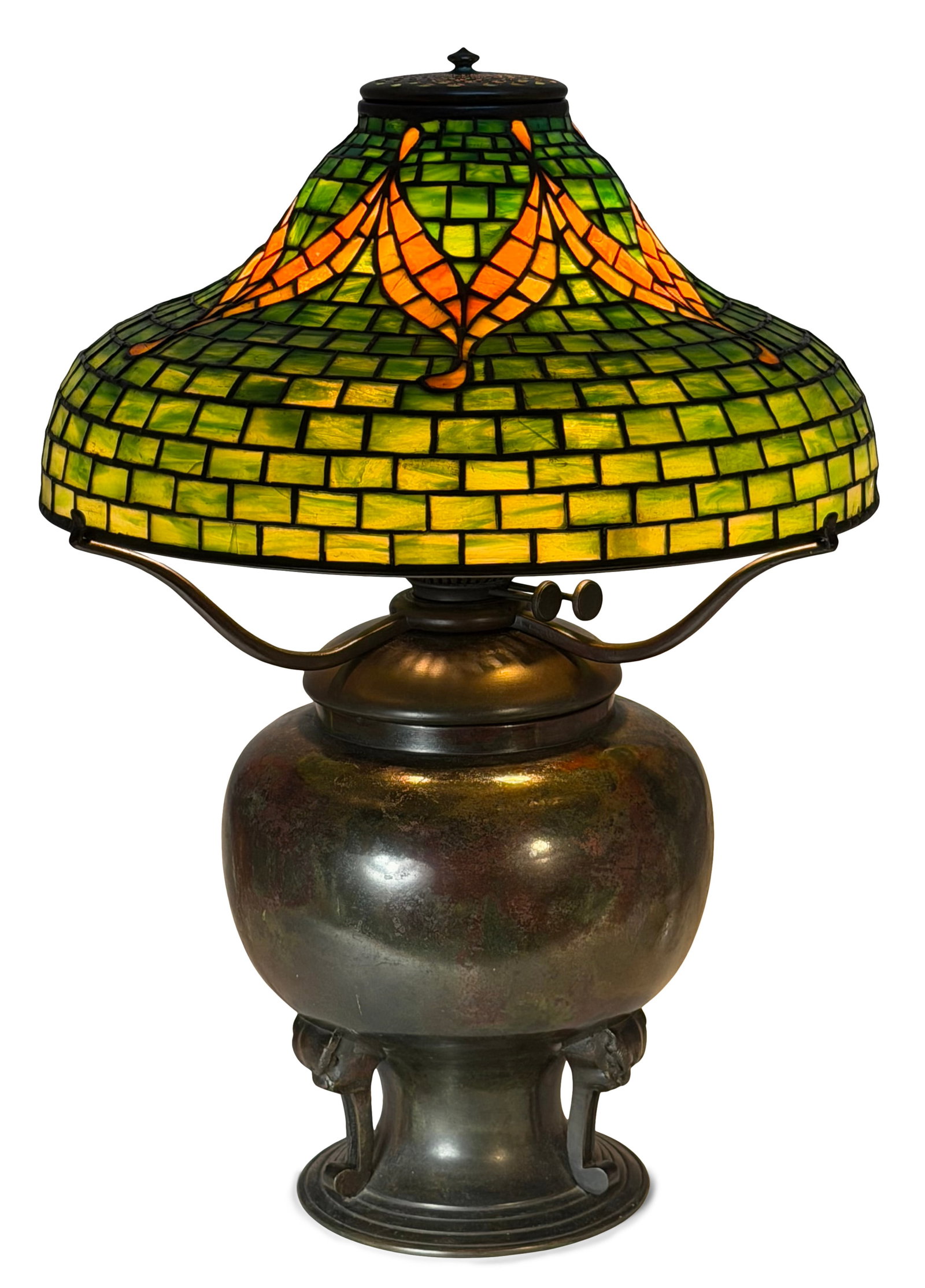 Tiffany Studios "Tyler" Table Lamp: Tiffany Studios "Tyler" Table Lamp circa 1905 leaded glass, patinated bronze shade impressed "Tiffany Studios, New York" 22 in. high, 16 in. diameter (shade) Other Notes: Fontaine's Auction Gallery