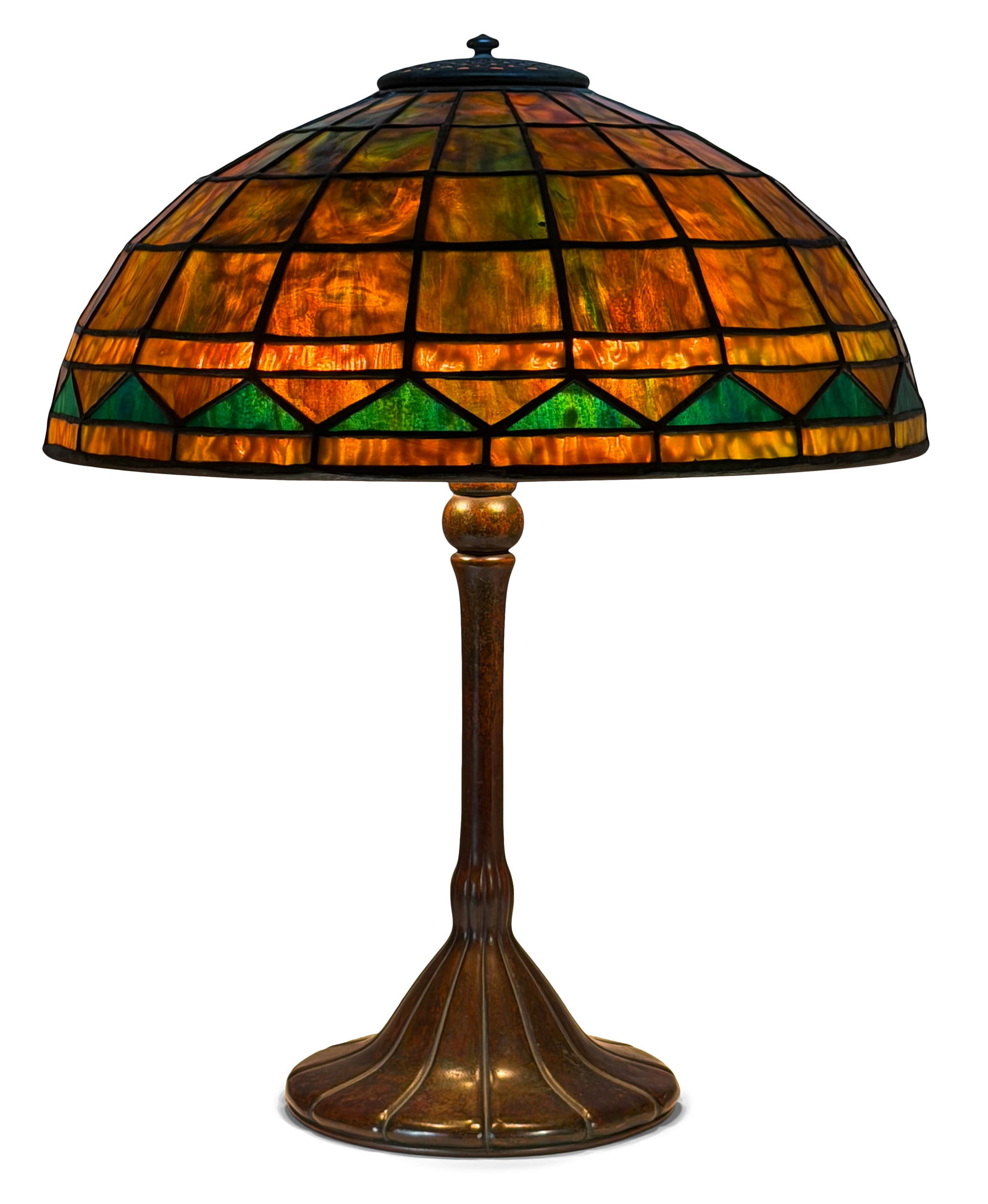 Tiffany Studios "Colonial" Table Lamp: Tiffany Studios "Colonial" Table Lamp circa 1910 leaded glass, patinated bronze shade impressed "Tiffany Studios, New York" base impressed "Tiffany Studios, New York, 333" 19 3/4 in. high, 16 in. diam