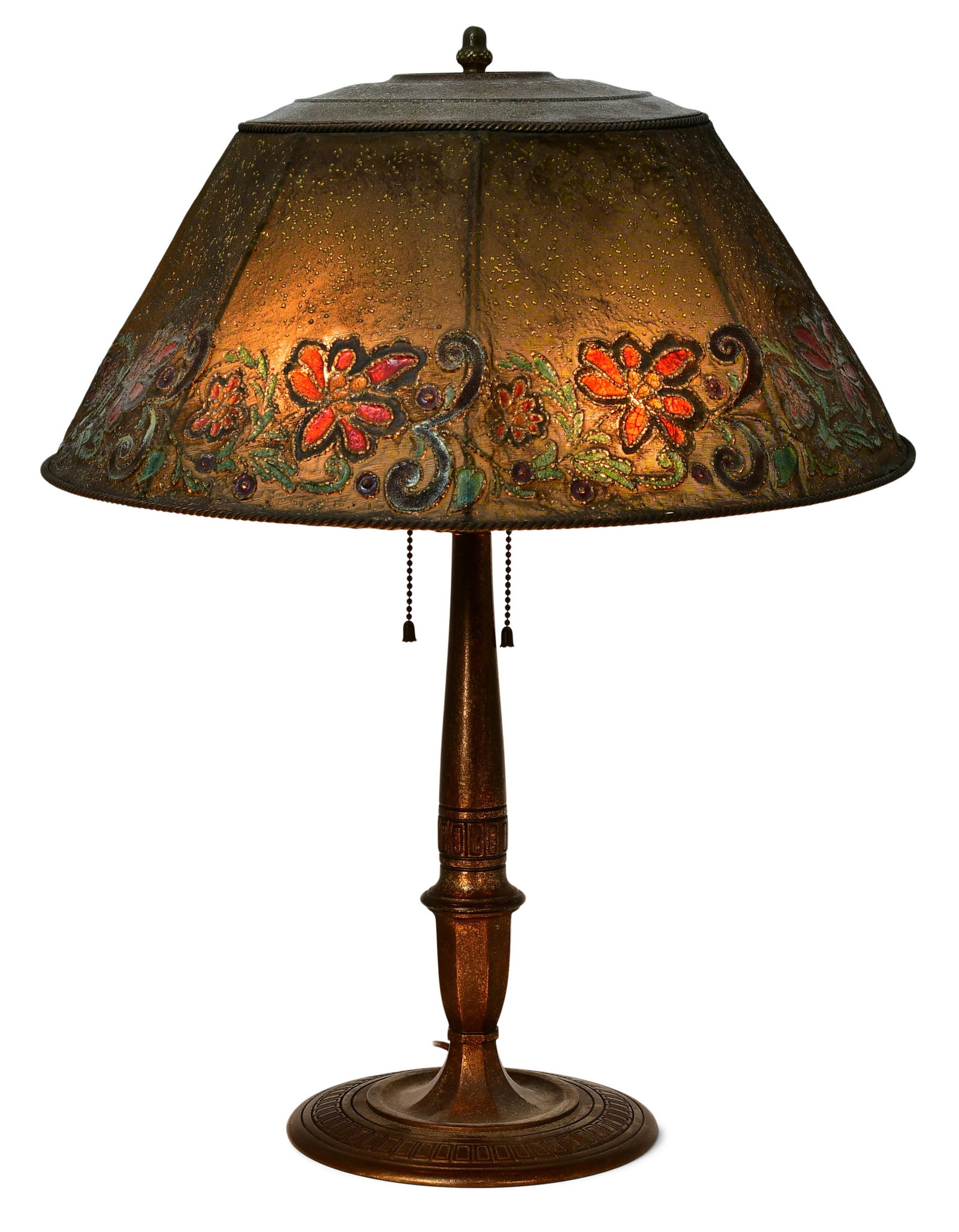Tiffany Studios Floral Table Lamp: Tiffany Studios Floral Table Lamp circa 1920 patinated bronze, enameled metal mesh shade impressed "Louis C. Tiffany Furnaces, Inc., 904, Pat. App'd For, Favrile, (monogram)" base impressed "Tiffany S