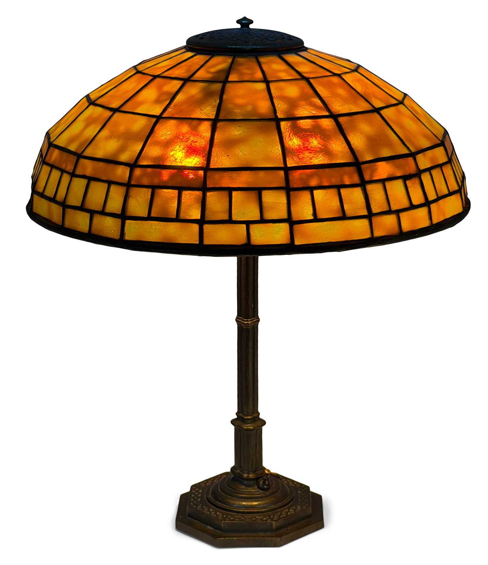 Tiffany Studios Dichroic "Colonial" Table Lamp: Tiffany Studios Dichroic "Colonial" Table Lamp circa 1910 leaded glass, patinated bronze shade impressed "Tiffany Studios, New York, 1901" base impressed "Tiffany Studios, New York, 555" 17 1/2 in. hi