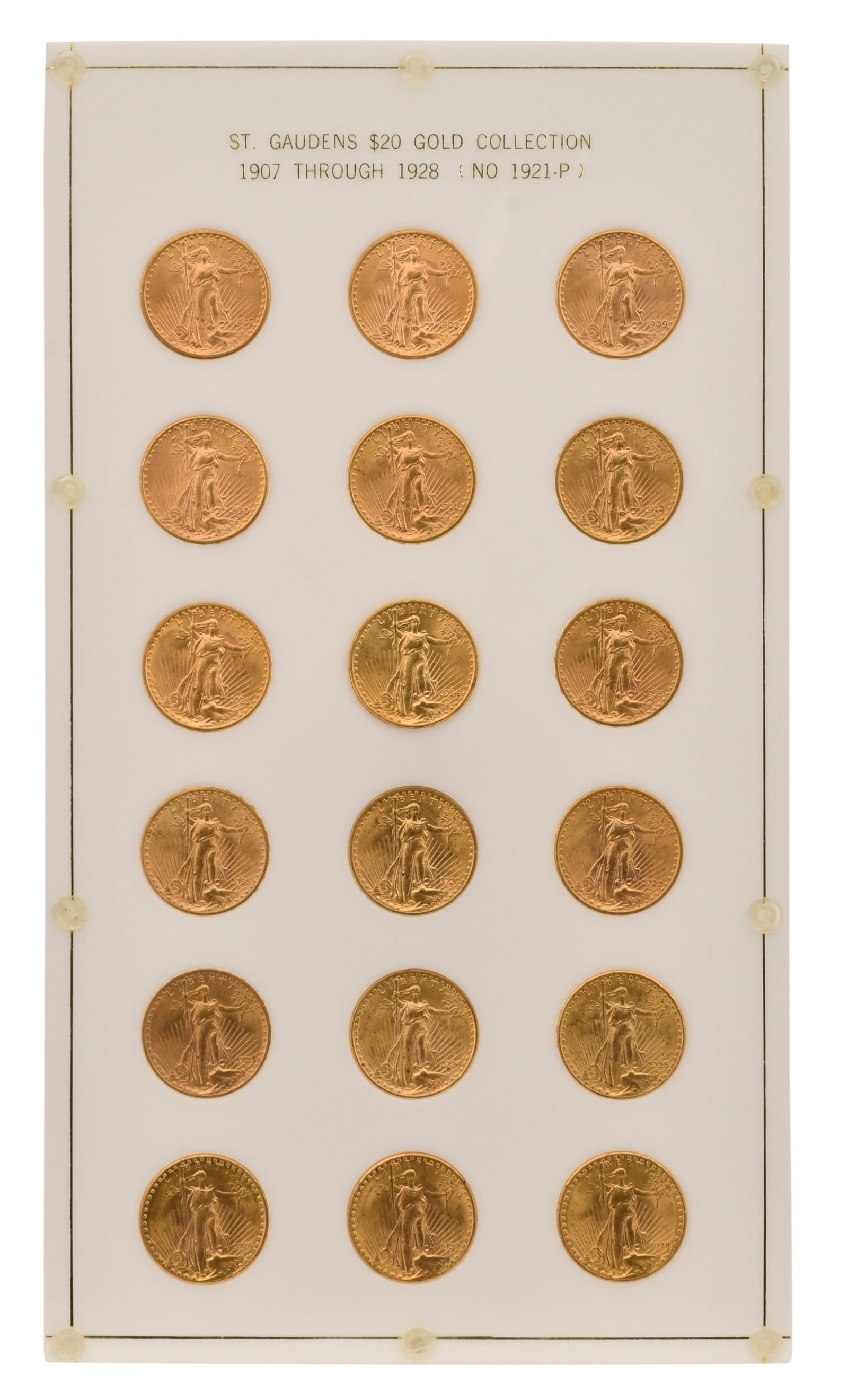 A Fine Collection of St. Gaudens $20 Double Eagle Gold Coins, 1907-1928 (No 1921-P): A Fine Collection of St. Gaudens $20 Double Eagle Gold Coins, 1907-1928 (No 1921-P) Provenance: Private Collection, Connecticut Other Notes: Fontaine's Auction Gallery can arrange shipping for this