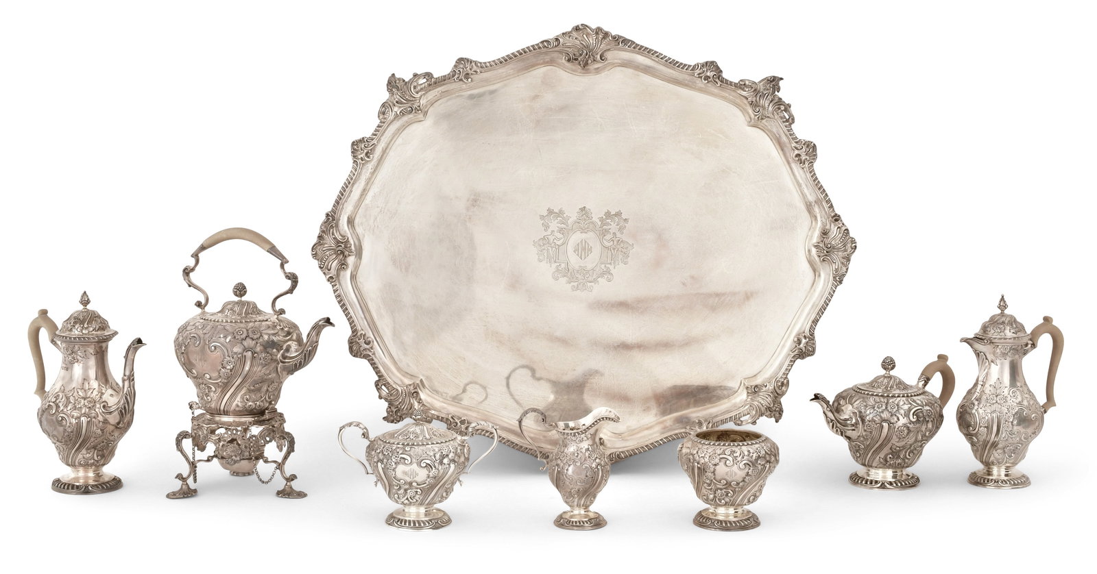 A Fine English Sterling Silver Eight-Piece Tea & Coffee Service, Lionel Alfred Crichton, London: A Fine English Sterling Silver Eight-Piece Tea & Coffee Service, Lionel Alfred Crichton, London early 20th century each piece stamped with maker's mark and hallmarks 14 1/2 x 9 1/2 x 7 1/2 inches (tea