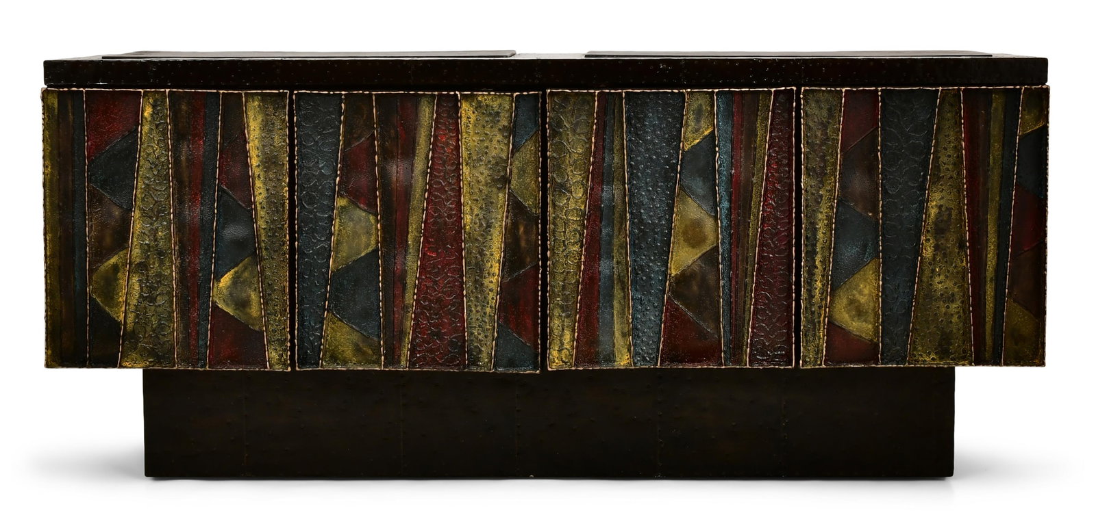 Paul Evans (1931-1987), Deep Relief Cabinet, Model PE-42: Paul Evans (American, 1931-1987) Deep Relief Cabinet, Model PE-42 circa 1975 torch-cut, welded, polychromed and patinated steel, cleft slate, lacquered wood signed and dated "Paul Evans, 1975" (unders