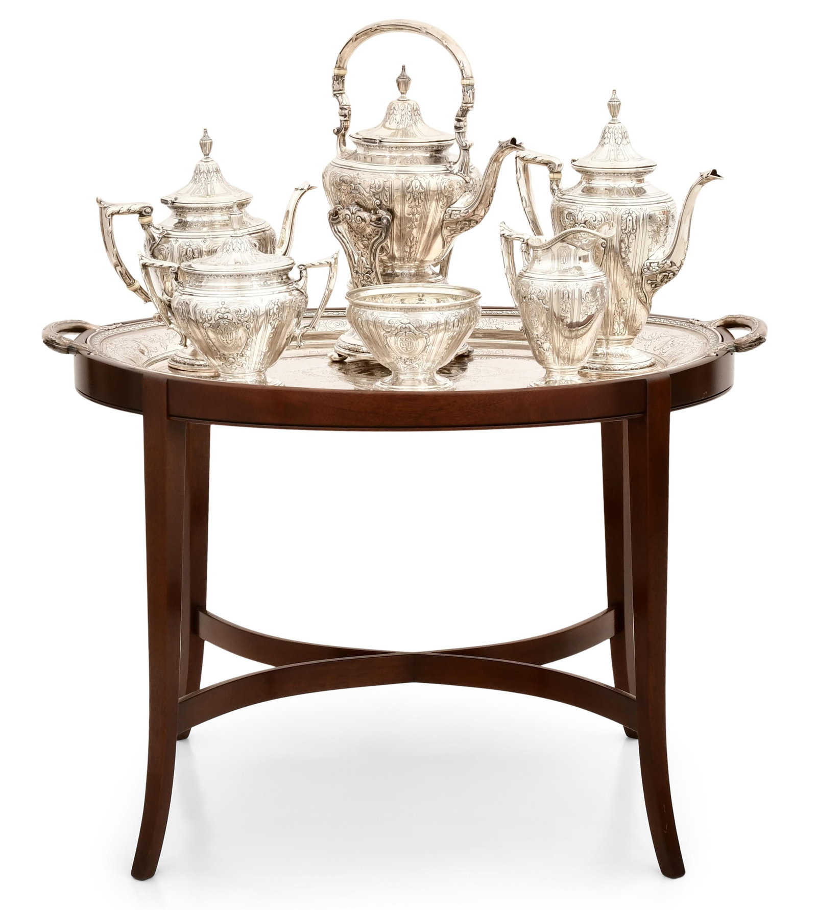 Gorham "Maintenon" Sterling Silver Tea & Coffee Service with Stand: Gorham Mfg. Co. "Maintenon" Tea & Coffee Service with Stand early 20th century sterling silver, wooden stand marked "(lion-anchor-G), Sterling" 14 x 9 x 7 inches (teapot) 29 x 18 3/4 inches (tray) 19 