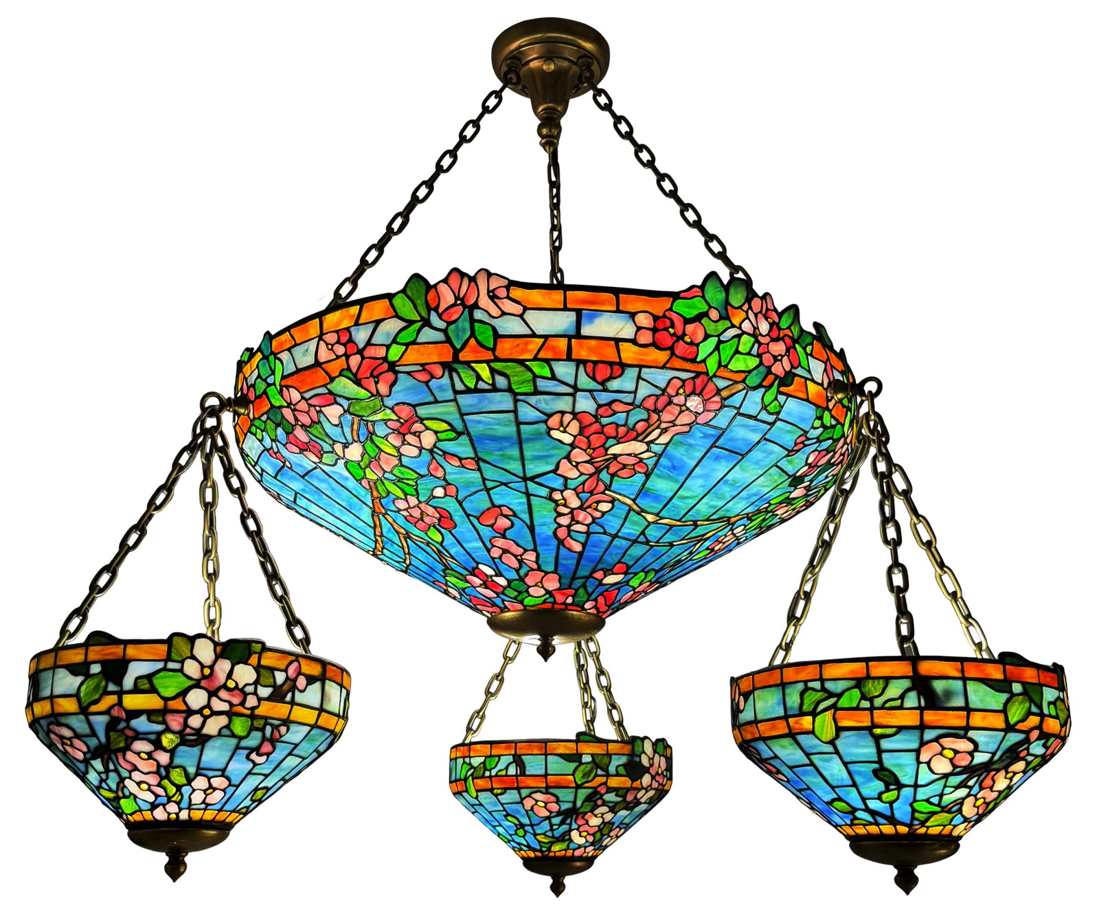 Bigelow, Kennard & Co., A Rare "Cherry Blossom" Chandelier: Bigelow, Kennard & Co. A Rare "Cherry Blossom" Chandelier early 20th century leaded glass, bronze signed "Bigelow, Kennard & Co., Boston / Bigelow Studios" 40 x 39 inches (overall) 28 in. diameter