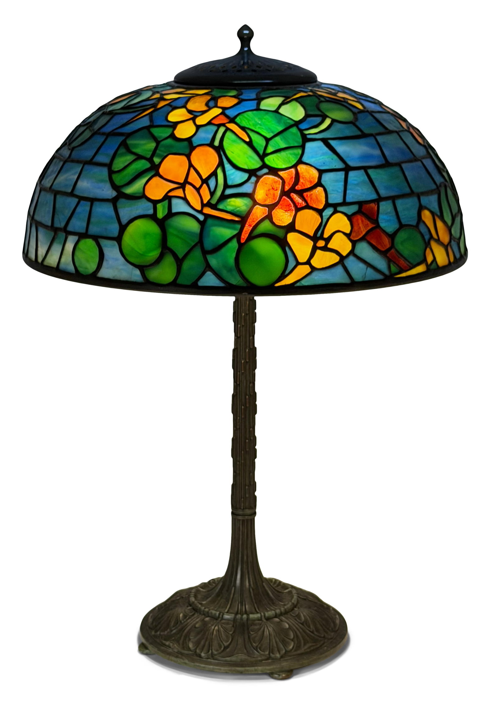 Bigelow, Kennard & Co. "Nasturtium" Table Lamp: Bigelow, Kennard & Co. "Nasturtium" Table Lamp early 20th century leaded glass, patinated bronze shade signed "Bigelow, Kennard & Co., Boston / Bigelow Studios" 20 1/2 x 14 inches Provenance: Property
