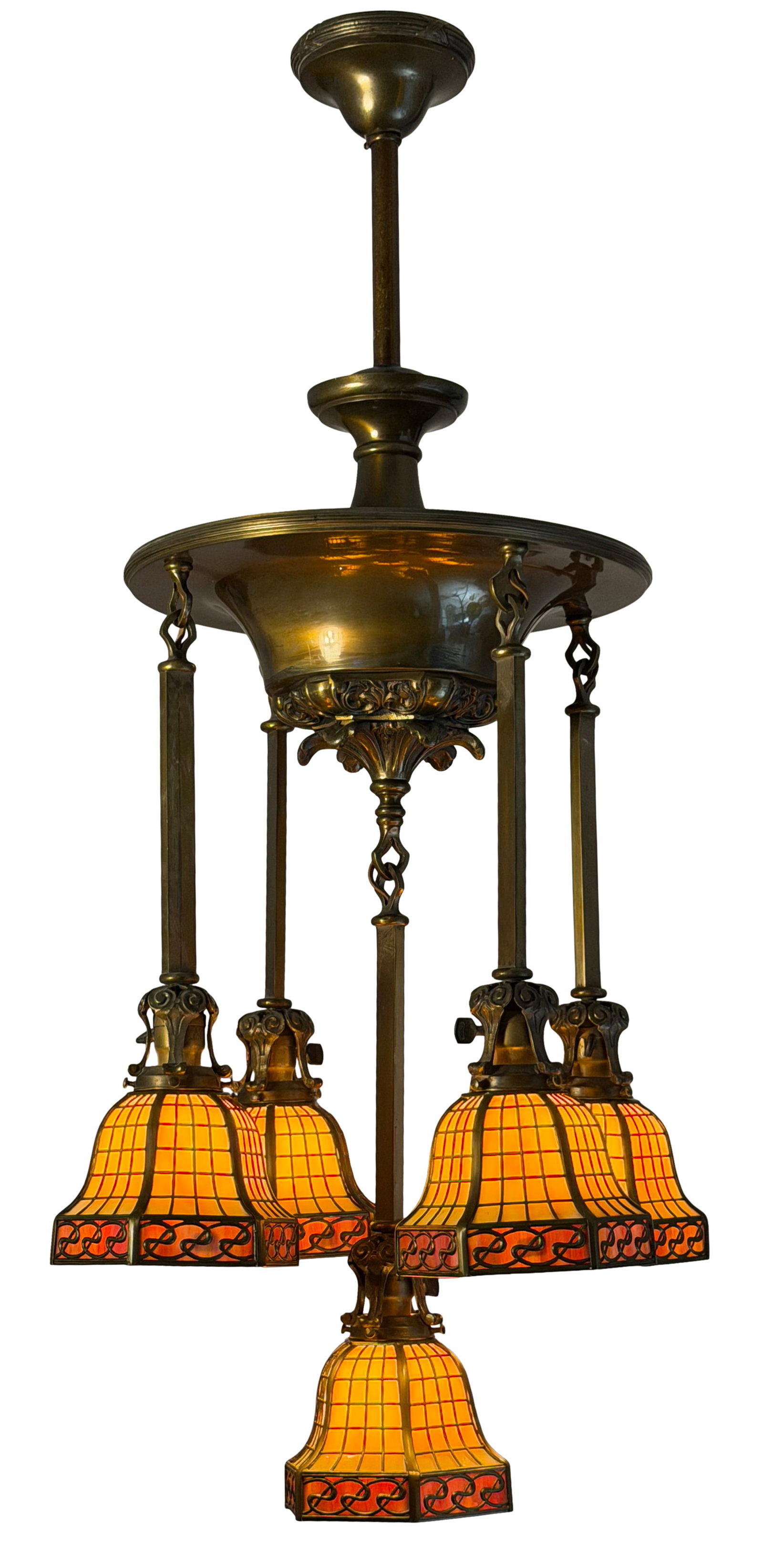 Handel Arts & Crafts Chandelier: Handel Company (Connecticut/New York, 1885-1936) Arts & Crafts Chandelier early 20th century patinated metal, slag glass each shade marked "Handel" 44 x 21 inches Provenance: Private Collection, Ma