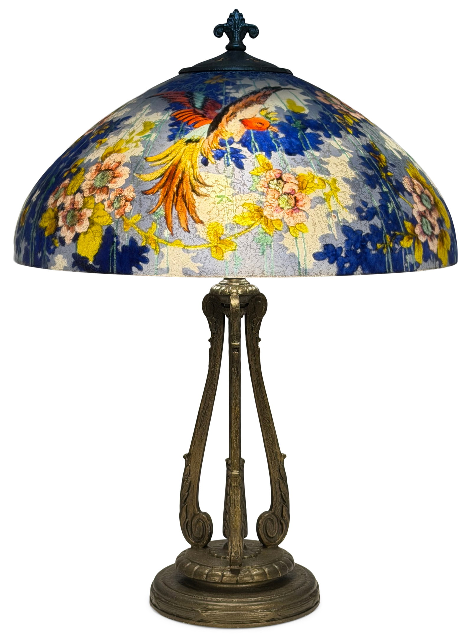 Handel "Exotic Birds of Paradise" Table Lamp, Decorated by Hattie Runge: Handel Company Decorated by Hattie Runge "Exotic Birds of Paradise" Table Lamp circa 1915 reverse painted glass, painted metal shade marked "Handel 7125" and artist signed "HR" 24 in. high, 18 in. dia