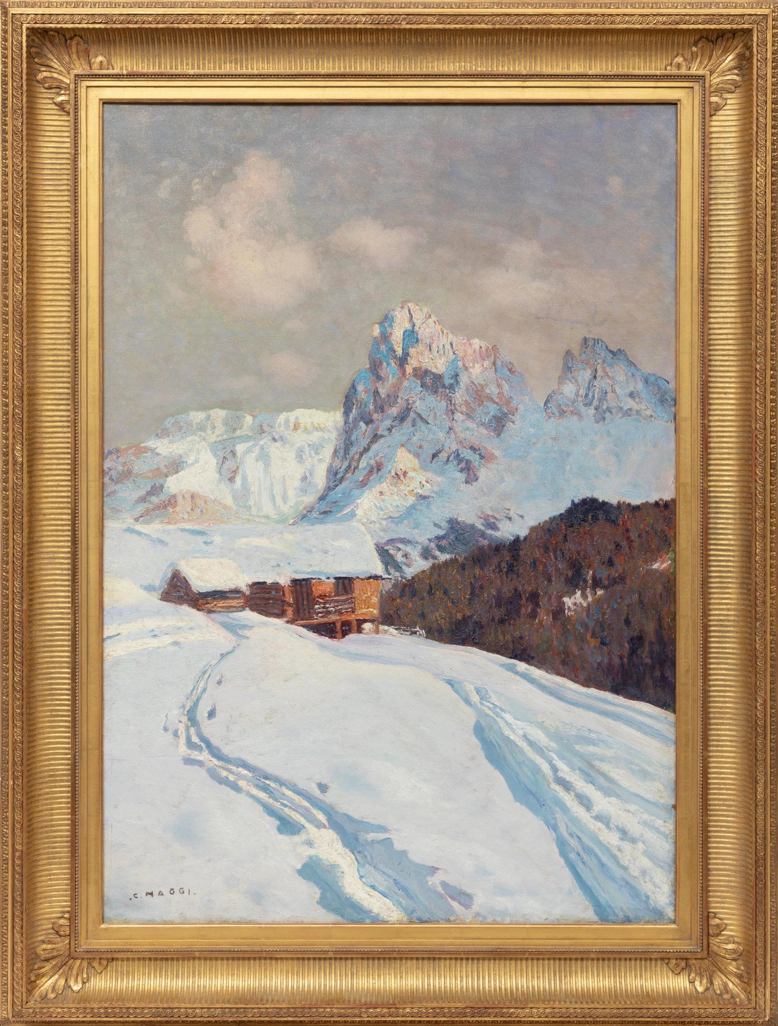 Cesare Maggi (Italian 1881-1961), "The Rolle Pass": Cesare Maggi (Italian 1881-1961) "The Rolle Pass" oil on canvas signed "C. Maggi" (lower left), indistinctly inscribed on stretcher and with Borghi & Co., New York, NY label on verso 39 1/2 x 27 3/4 i