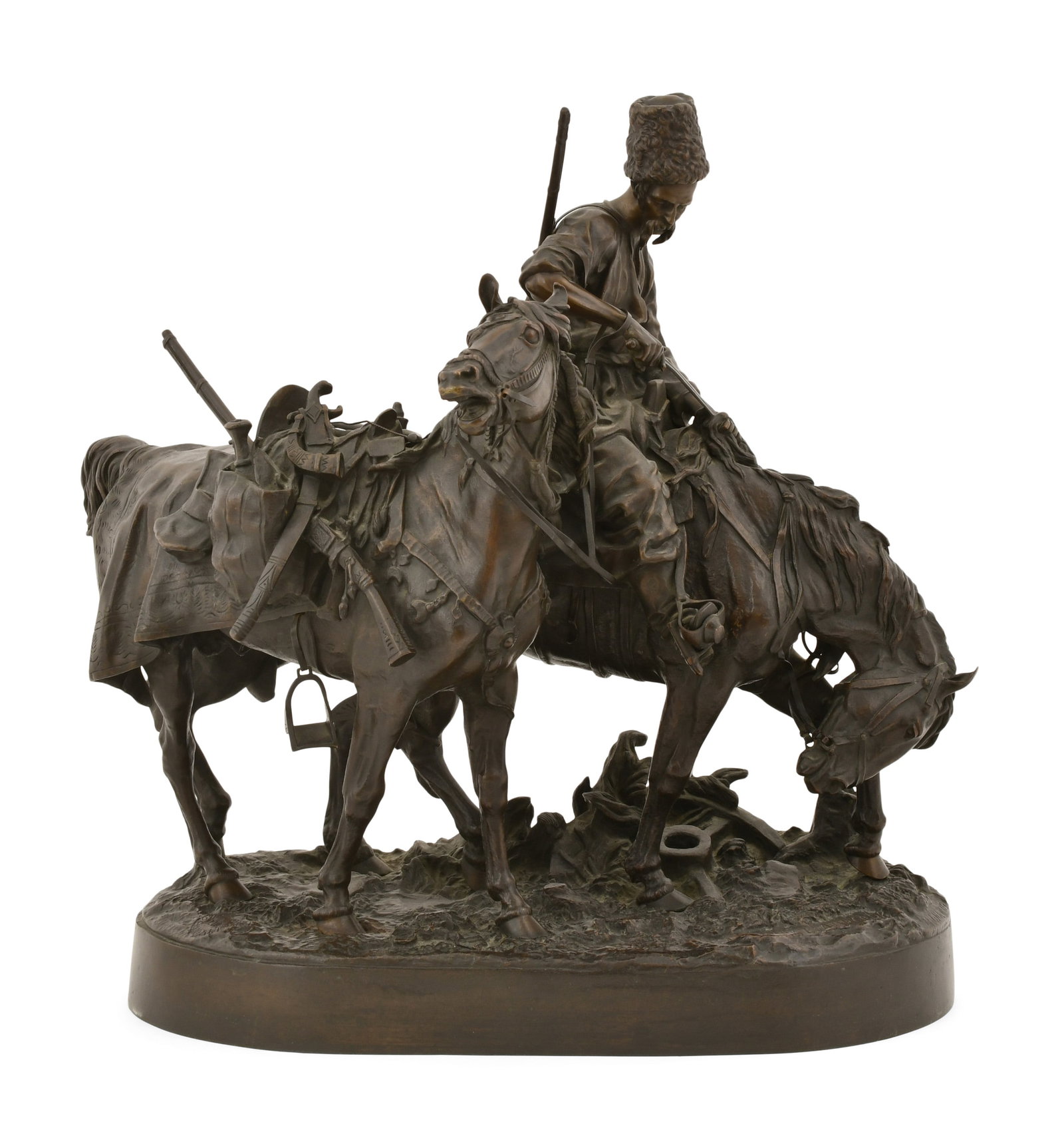 Evgeny Lanceray (Russian, 1848-1886), "Zaporozh Cossack After Battle": Evgeny Lanceray (Russian, 1848-1886) "Zaporozh Cossack After Battle" patinated bronze sculpture inscribed "E. Lanceray" and "F. Chopin" in Cyrillic, and with circular seal 18 1/2 x 18 x 8 inches Prove