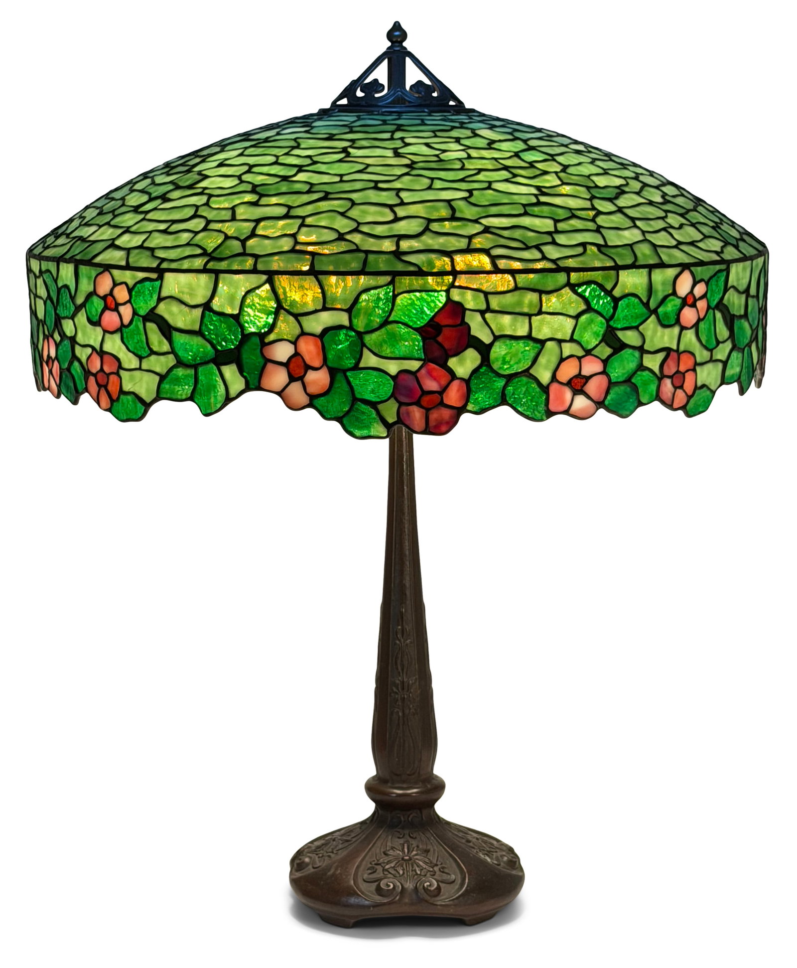 Handel "Apple Blossom" Table Lamp: Handel Company (Connecticut/New York, 1885-1936) "Apple Blossom" Table Lamp early 20th century leaded glass, patinated metal shade marked "1986 - 25 - Handel" base marked "Handel" 31 in. high, 25 in. 