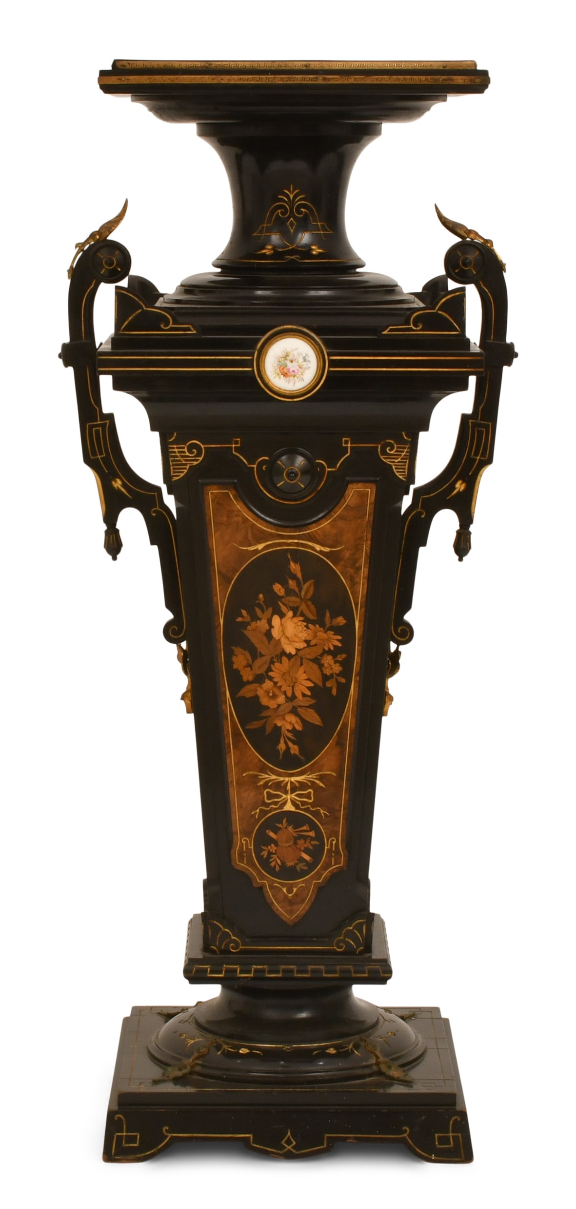 A Fine American Renaissance Revival Inlaid, Ebonized, Gilt Bronze, Gilt-Incised & Burl Walnut: A Fine American Renaissance Revival Inlaid, Ebonized, Gilt Bronze, Gilt-Incised & Burl Walnut Pedestal circa 1870 the pedestal with two inlaid panels of flowers and ribbons, the two arms with downturn