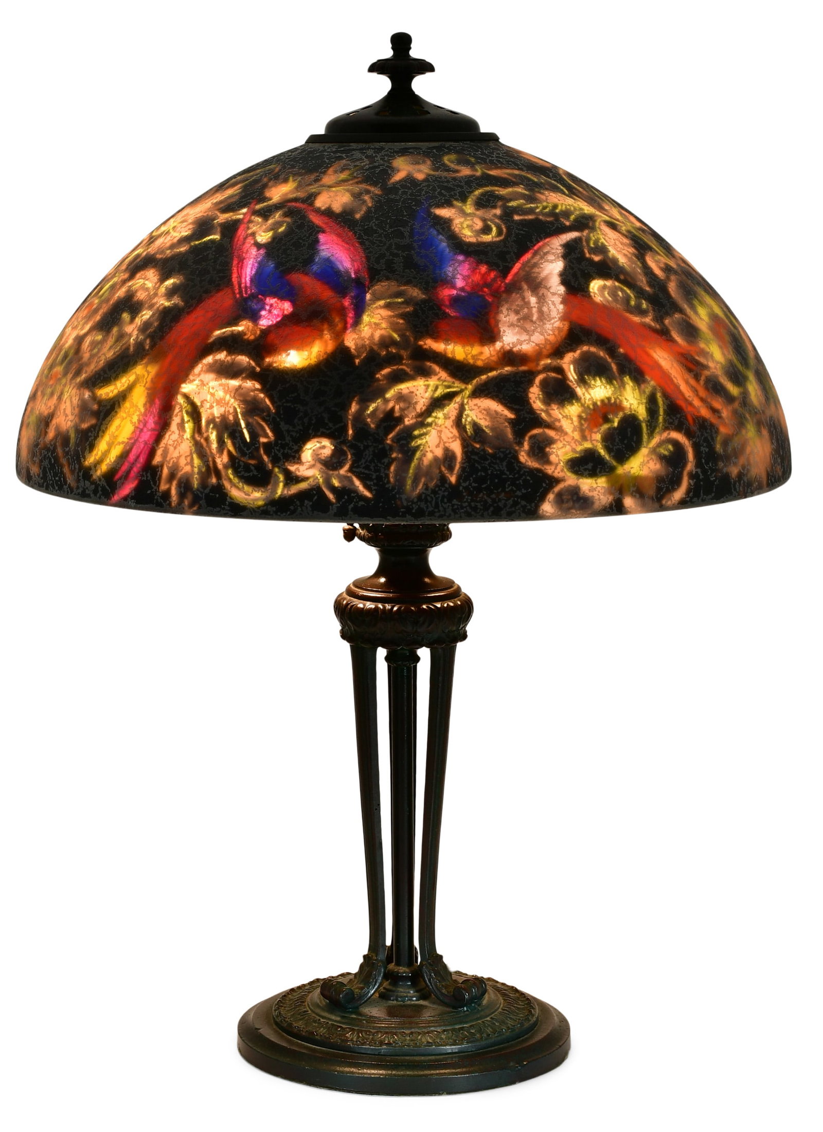 Handel "Birds of Paradise" Table Lamp: Handel Company (Connecticut/New York, 1885-1936) "Birds of Paradise" Table Lamp circa 1915 reverse painted glass, patinated metal shade marked "Handel 7026, R.L. / Handel Lamps" base with cloth tag "H