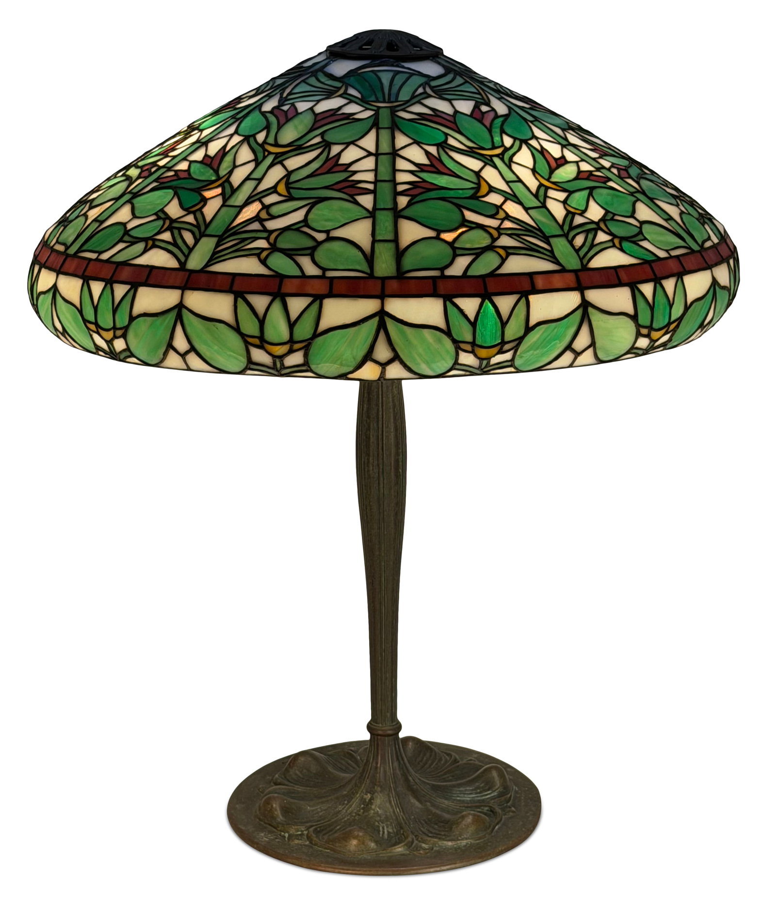 Suess Ornamental Glass Co. "Egyptian Waterlily" Table Lamp: Suess Ornamental Glass Co. "Egyptian Waterlily" Table Lamp circa 1910 leaded glass, patinated bronze 26 in. high, 22 in. diameter (shade) Provenance: Property from an Important Northeast Collection