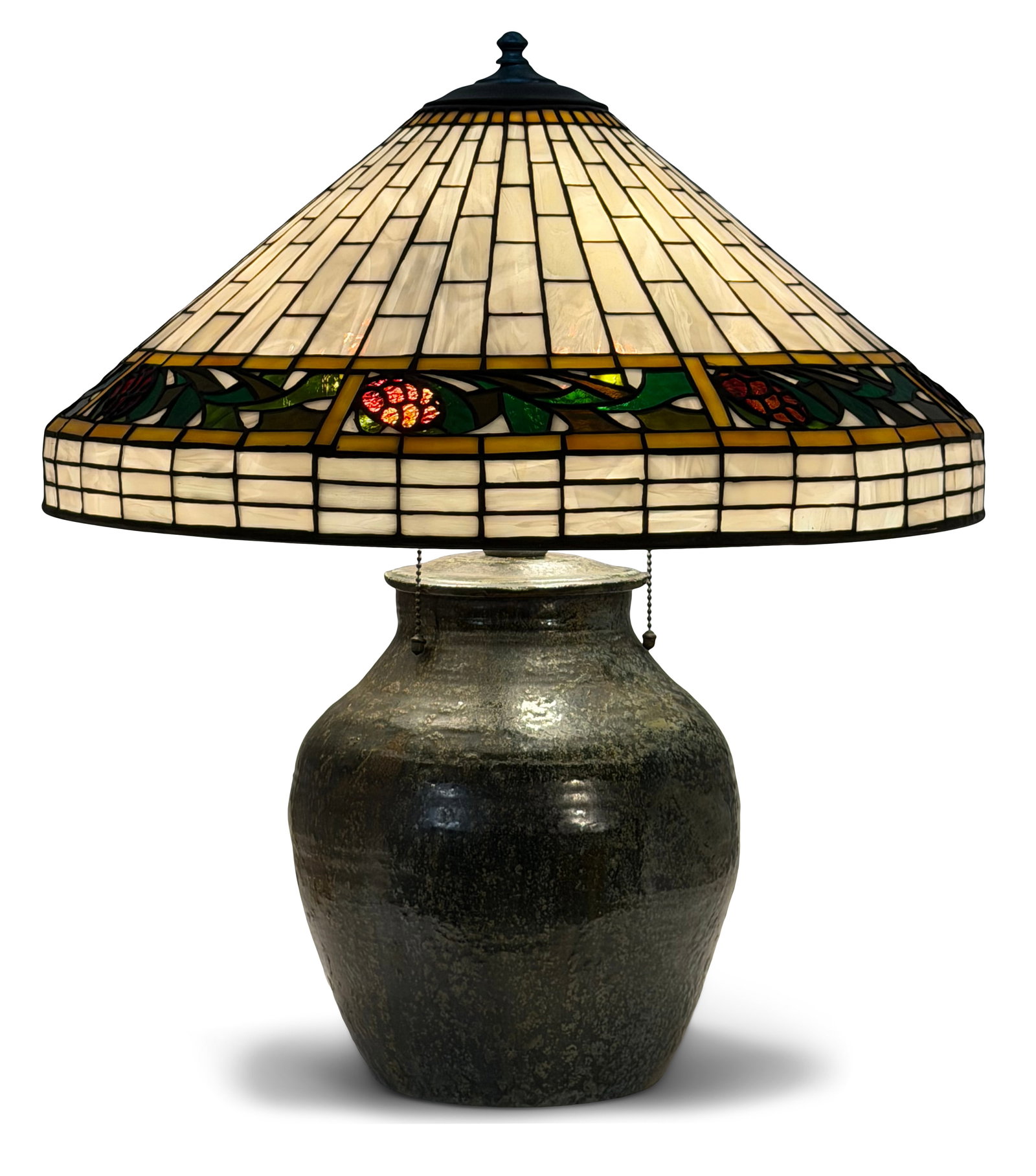 Bigelow, Kennard & Co. "Pinecone" Table Lamp: Bigelow, Kennard & Co. "Pinecone" Table Lamp early 20th century with a Frey Pottery Base leaded glass, patinated bronze base marked "Frey" 25 1/4 x 22 1/4 inches Provenance: Property from a