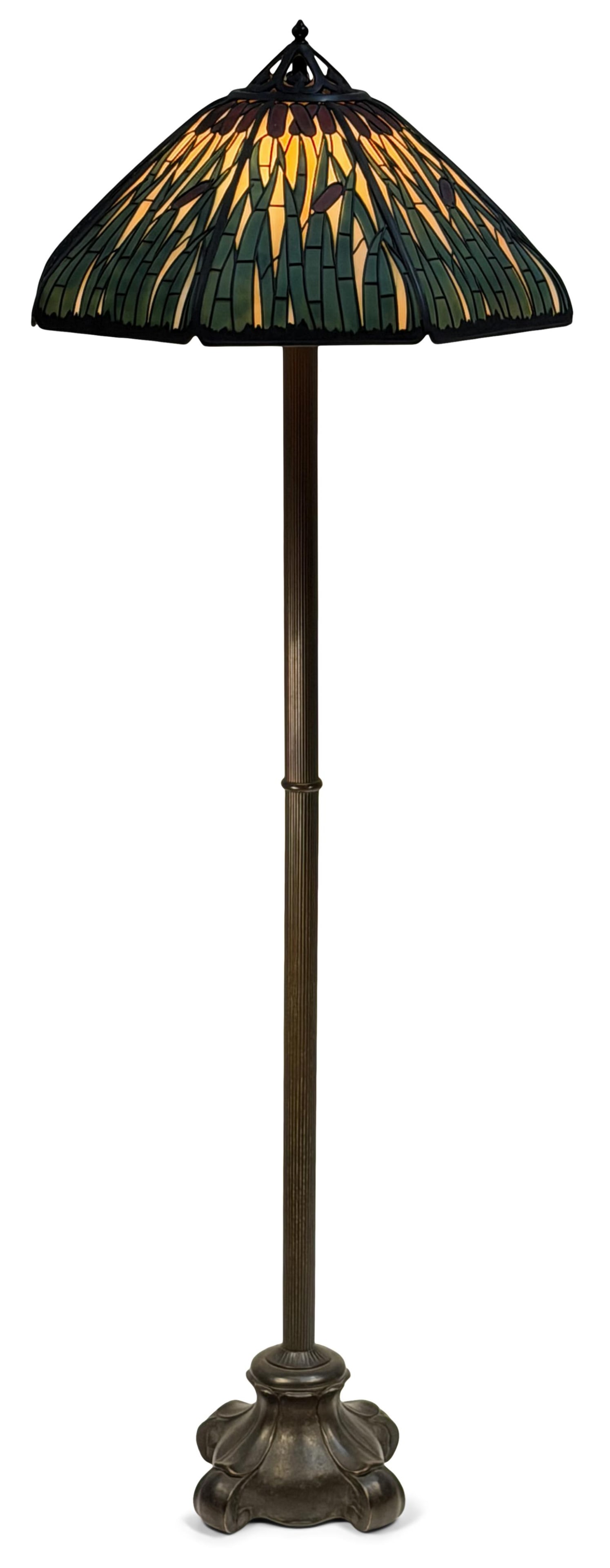 Handel "Cattail" Table Lamp: Handel Company (Connecticut/New York, 1885-1936) "Cattail" Table Lamp circa 1915 glass, patinated metal shade marked "Handel" 65 1/2 x 22 inches Provenance: Property from an Important Northeast Col