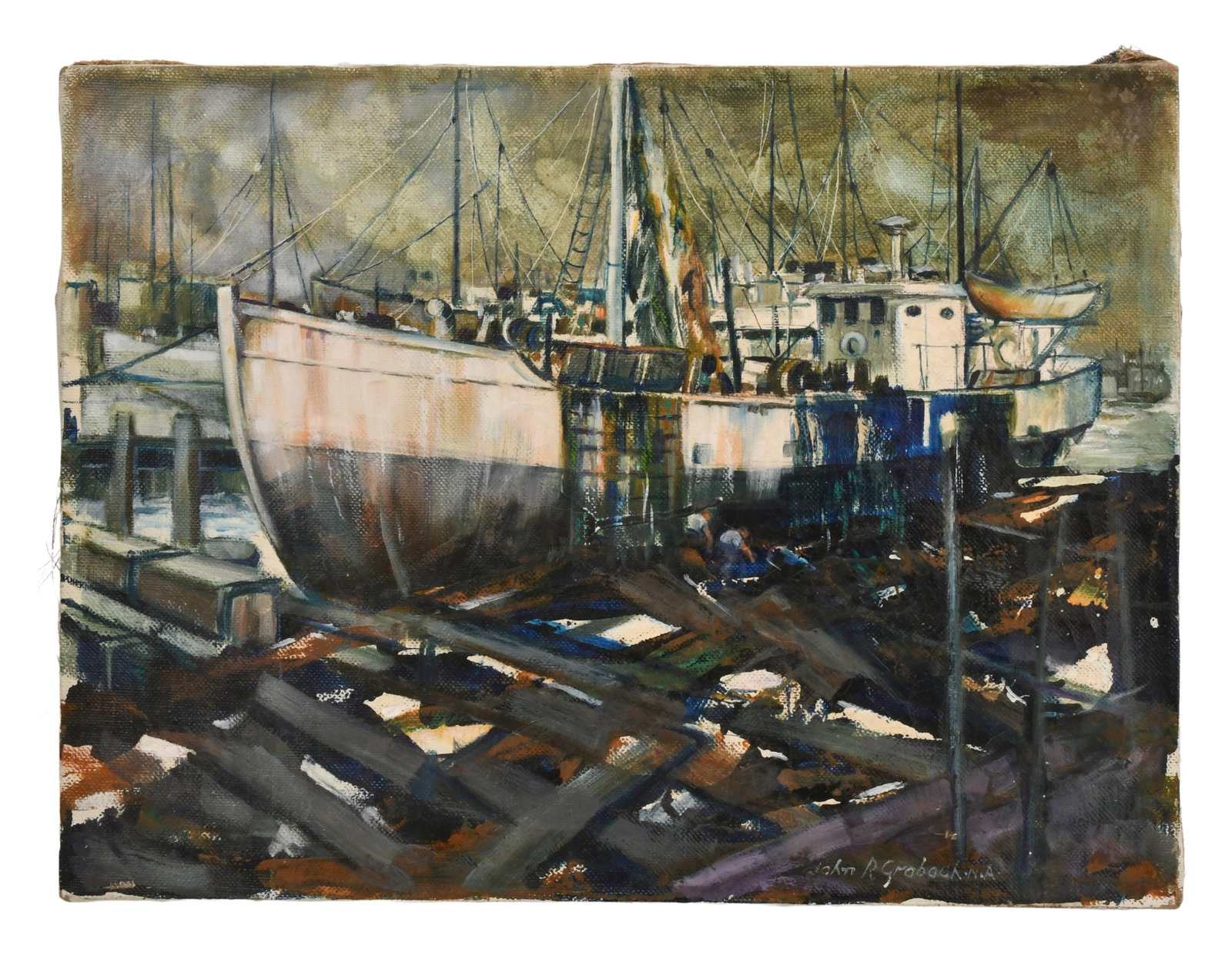 John Grabach (American, 1886-1981), "End of Fishing Tradition": John Grabach (American, 1886-1981) "End of Fishing Tradition" oil on canvas signed "John Grabach" (lower right) 18 x 24 inches Provenance: Private Collection, Connecticut