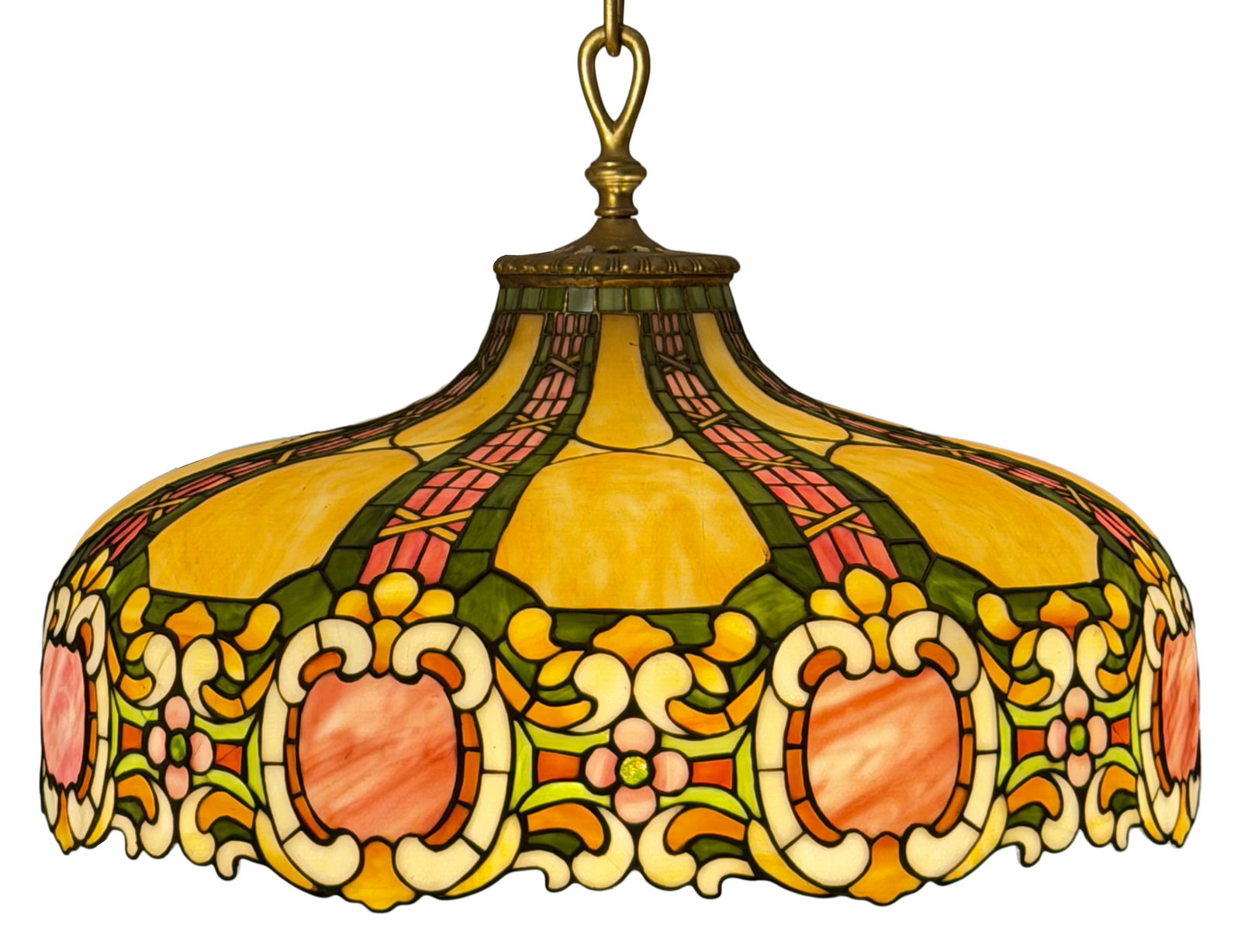 Duffner & Kimberly Leaded Glass Chandelier: Duffner & Kimberly (New York, est. 1905) Chandelier circa 1910 leaded glass, gilt bronze 41 in. drop, 26 in. diameter (shade) Provenance: Important Private Collection Literature: Paul Crist, "Mosaic
