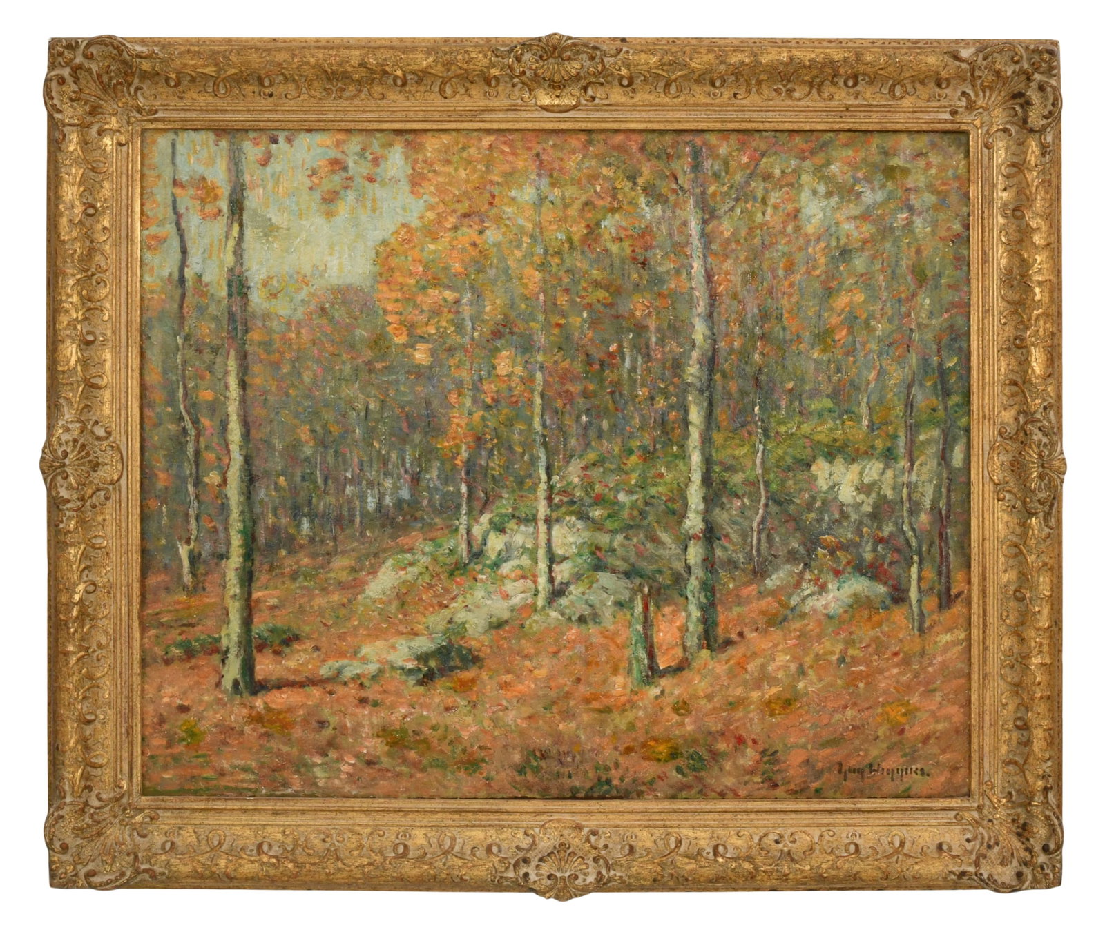 Guy Carleton Wiggins (American, 1883-1962), Autumn Landscape: Guy Carleton Wiggins (American, 1883-1962) Autumn Landscape oil on canvas signed "Guy Wiggins" (lower right) 22 x 27 inches (canvas) 28 x 33 inches (frame) Provenance: Private Collection, Massachus