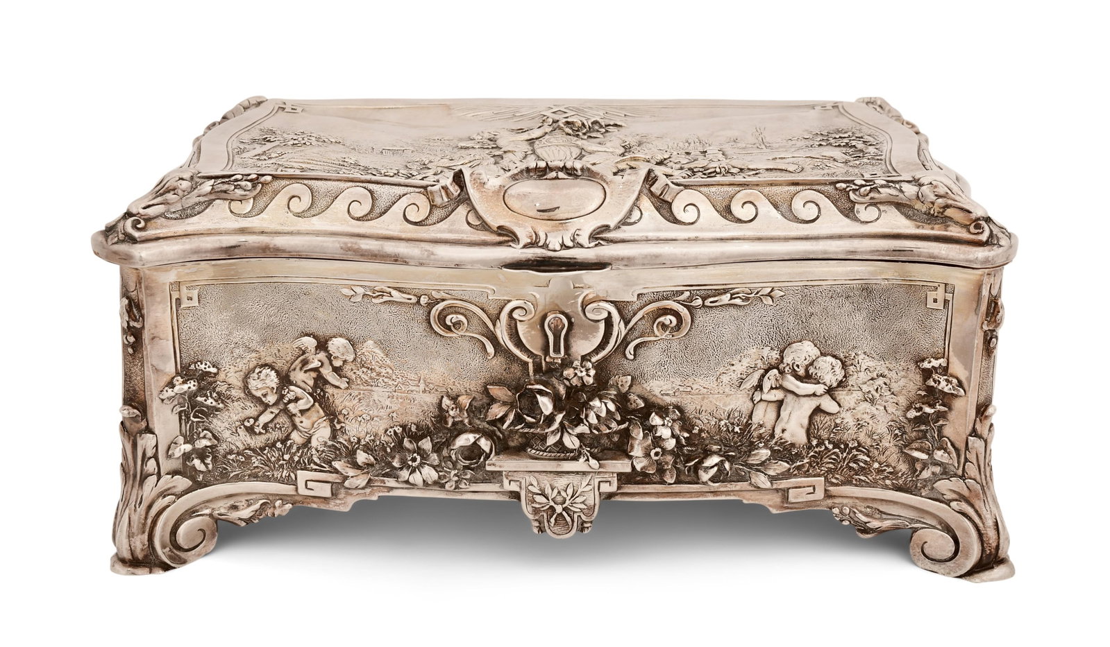 Continental Sterling Silver Repousse Box: Continental Sterling Silver Repousse Box 19th century stamped "RC / 925" 5 1/2 x 12 x 7 3/4 inches 63.65 troy ounces (total) Provenance: Private Collection, New York