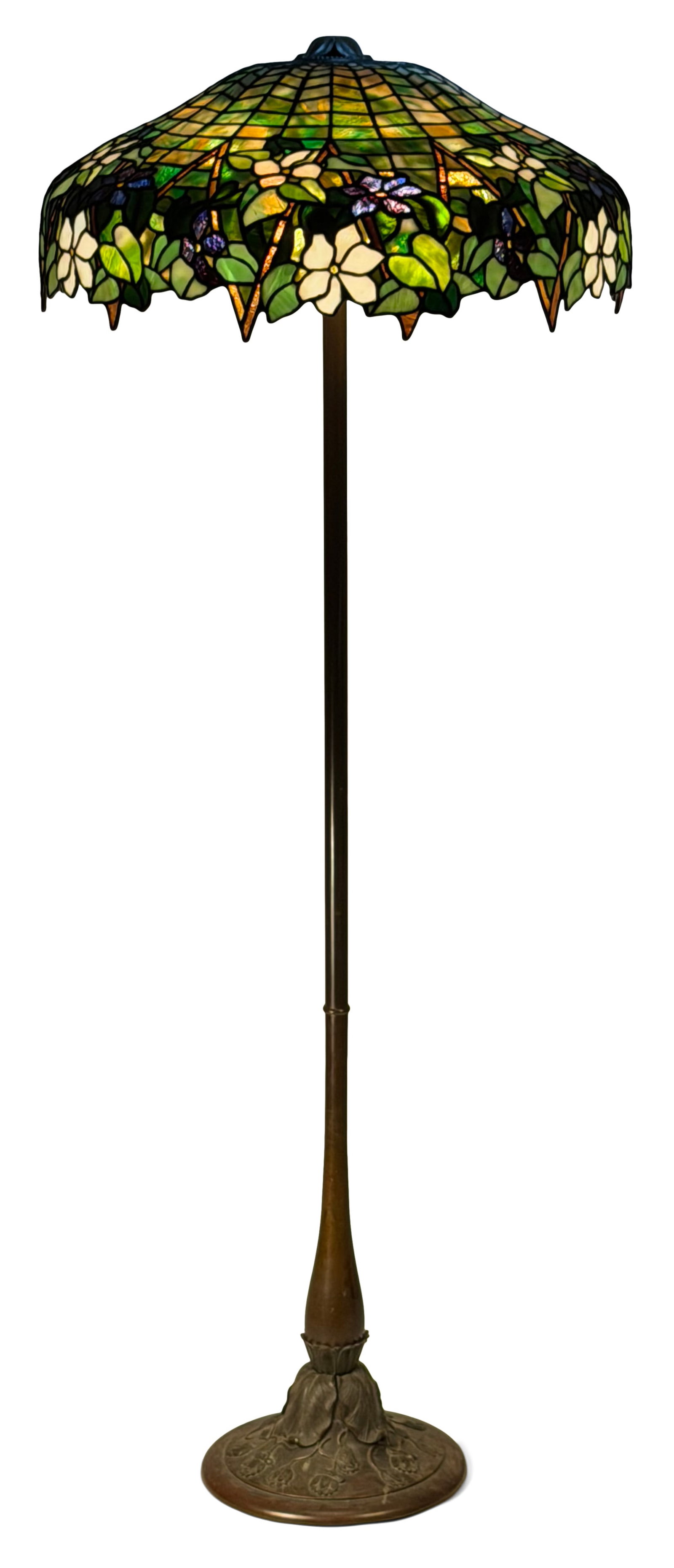 Chapman Company "Clematis" Floor Lamp: Chapman Company "Clematis" Floor Lamp early 20th century with a Suess Ornamental Glass Co. base leaded glass, patinated bronze 63 in. high, 24 1/2 in. diameter (shade) Provenance: Property from an Imp