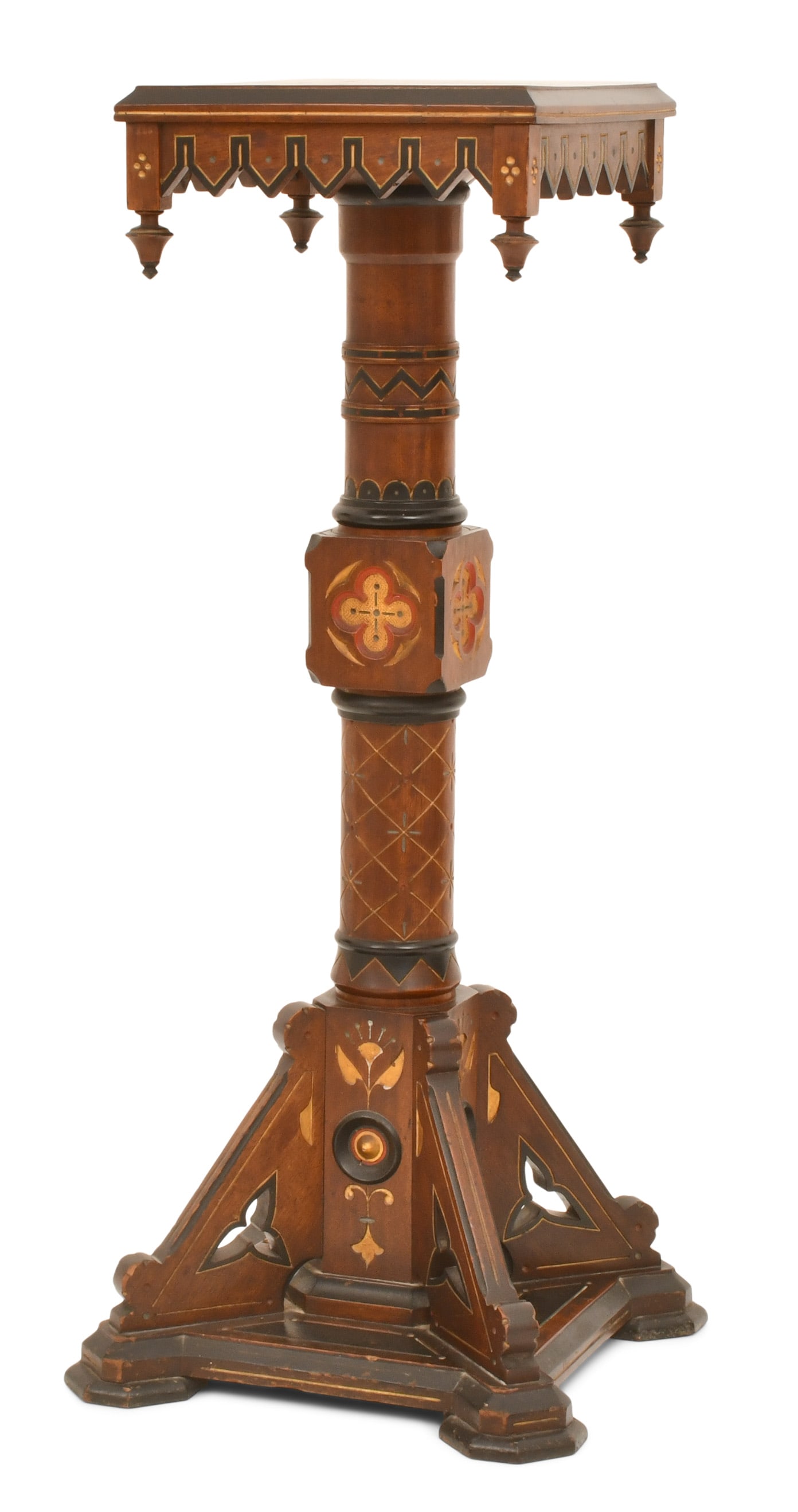 Kimbel and Cabus (New York, 1862-1882), Modern Gothic Pedestal: Kimbel and Cabus (New York, 1862-1882) Modern Gothic Pedestal circa 1875 walnut, gilt incising, ebonized wood, painted highlights 39 1/2 x 16 inches Provenance: Property from a Northeast Collector
