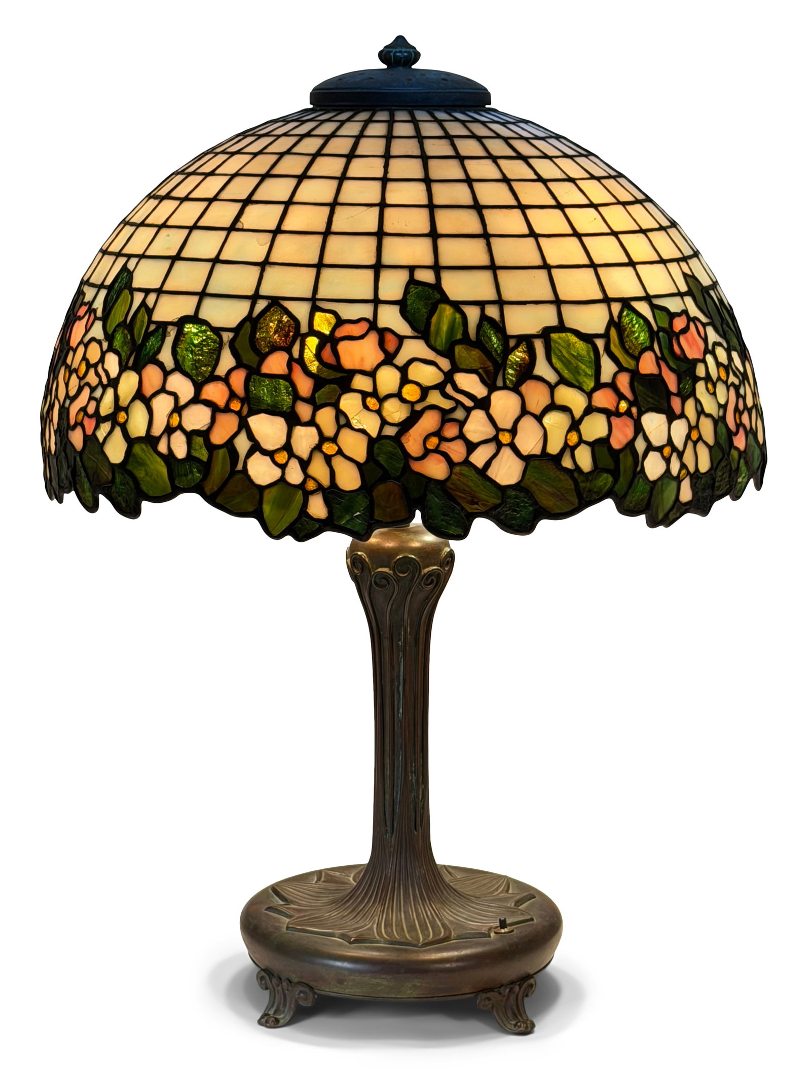 Bigelow, Kennard & Co. "Dogwood" Table Lamp: Bigelow, Kennard & Co. "Dogwood" Table Lamp early 20th century leaded glass, patinated bronze shade signed "Macdonald" 27 1/2 x 20 inches Donald MacDonald was a leading stained glass artisan and