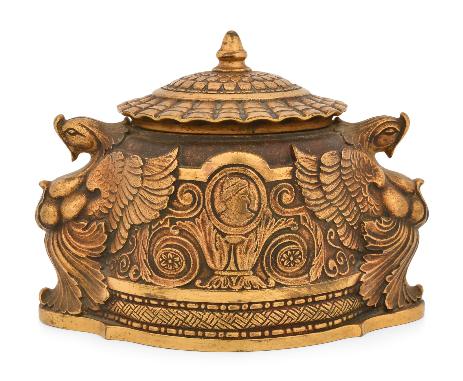 Tiffany Studios "Spanish" Inkwell: Tiffany Studios "Spanish" Inkwell circa 1915 gilt bronze, glass impressed "Tiffany Studios, New York, 1883" 4 x 5 3/4 x 4 1/4 inches Provenance: Property from a Northeast Collector Other Notes: