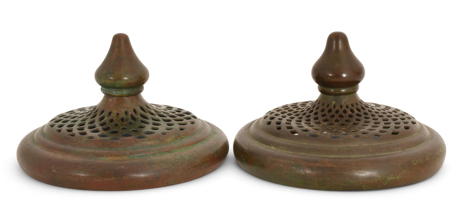 Tiffany Studios, Two "Bell" Heat Caps: Tiffany Studios Two "Bell" Heat Caps circa 1910 patinated bronze 3 1/2 x 5 1/2 inches Provenance: Important Private Collection Other Notes: Fontaine's Auction Gallery can arrange shipping for this