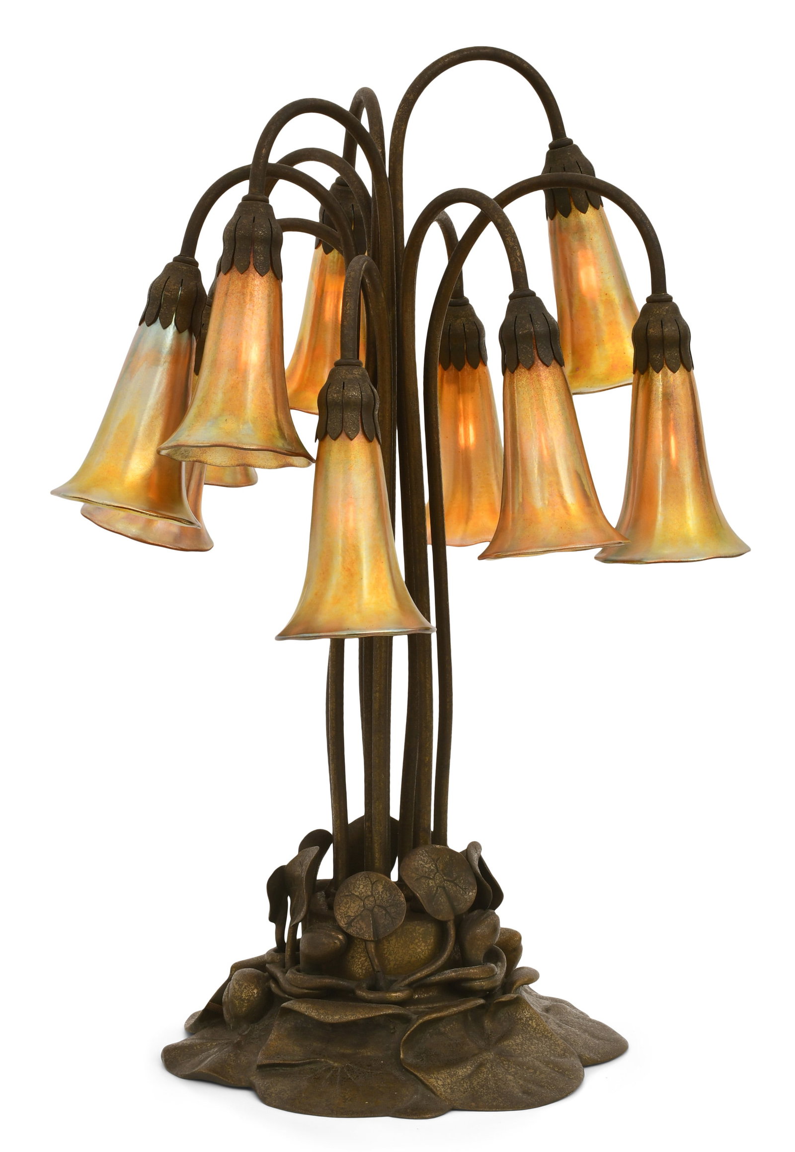 Tiffany Studios Ten-Light "Lily" Table Lamp Base: Tiffany Studios Ten-Light "Lily" Table Lamp Base circa 1910 with later shades patinated bronze, art glass base impressed "Tiffany Studios, New York, 381" 21 1/2 x 10 inches Provenance: Property fro