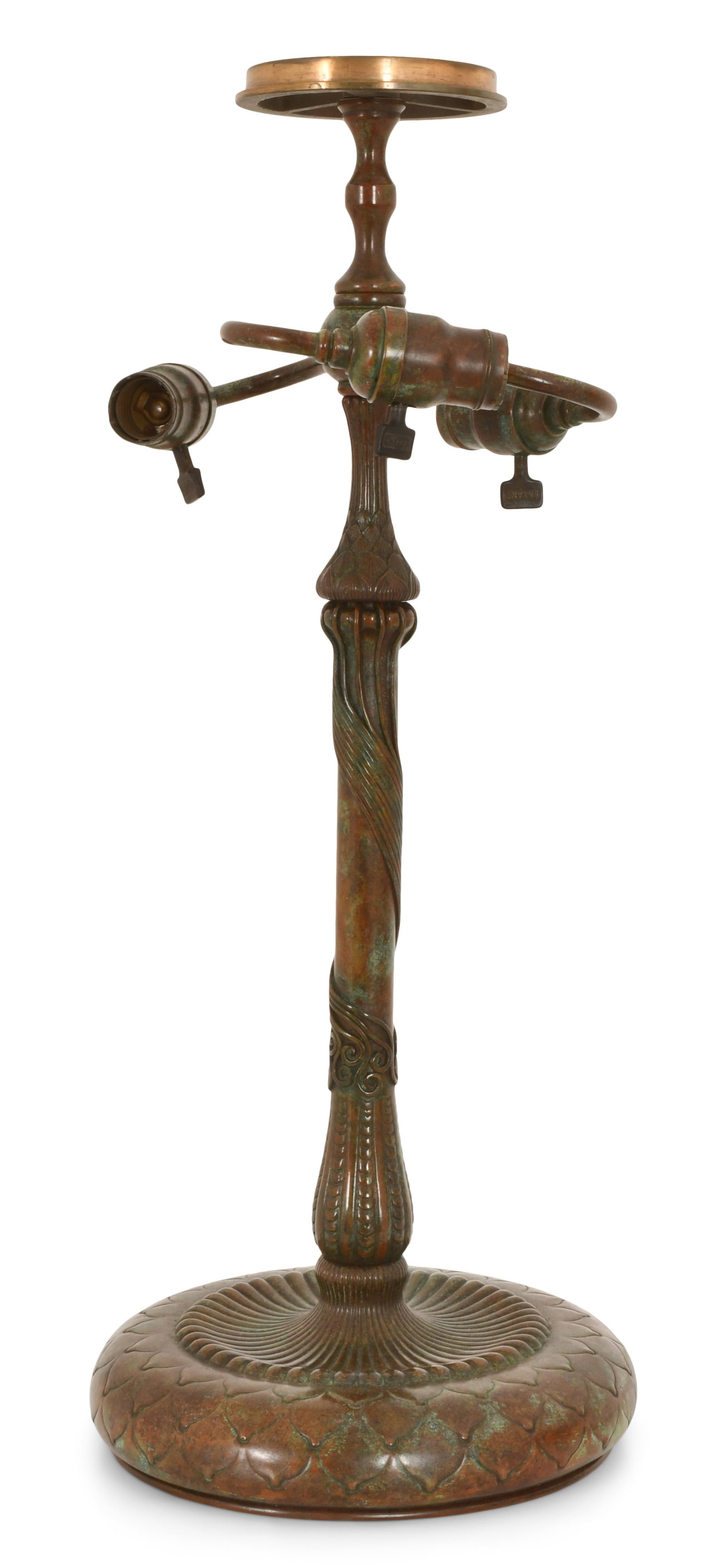 Tiffany Studios "Cushion" Table Lamp Base: Tiffany Studios "Cushion" Table Lamp Base circa 1910 patinated bronze impressed "Tiffany Studios, New York, 366" 23 1/2 x 9 1/2 inches Provenance: Property from a Northeast Collector
