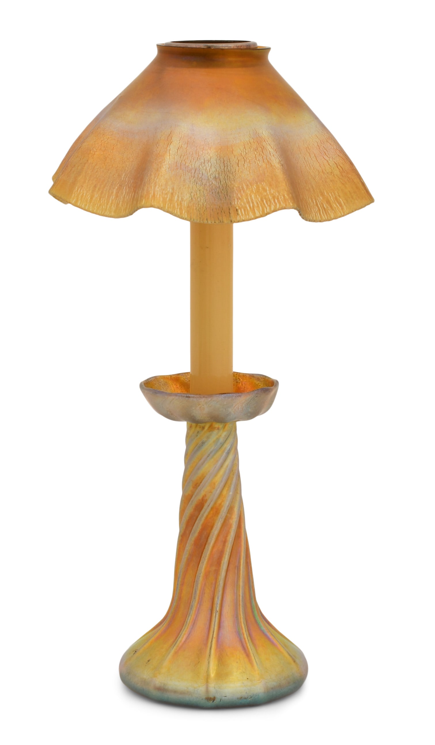 Tiffany Studios Favrile Glass Candle Lamp: Tiffany Studios Candle Lamp circa 1910 favrile glass shade engraved "L.C.T. Favrile" base engraved "L.C.T." 14 1/2 x 7 1/2 inches Provenance: Property from a Massachusetts Collector