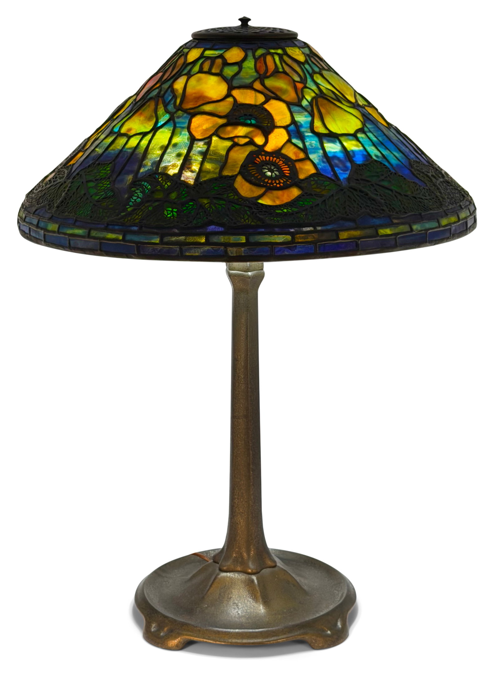 Tiffany Studios Table Lamp Base with a Reproduction Poppy Shade: Tiffany Studios Table Lamp Base with a Reproduction Poppy Shade early 20th century (base), late 20th century (shade) base marked "Tiffany Studios, New York, 531" 27 1/2 x 20 inches