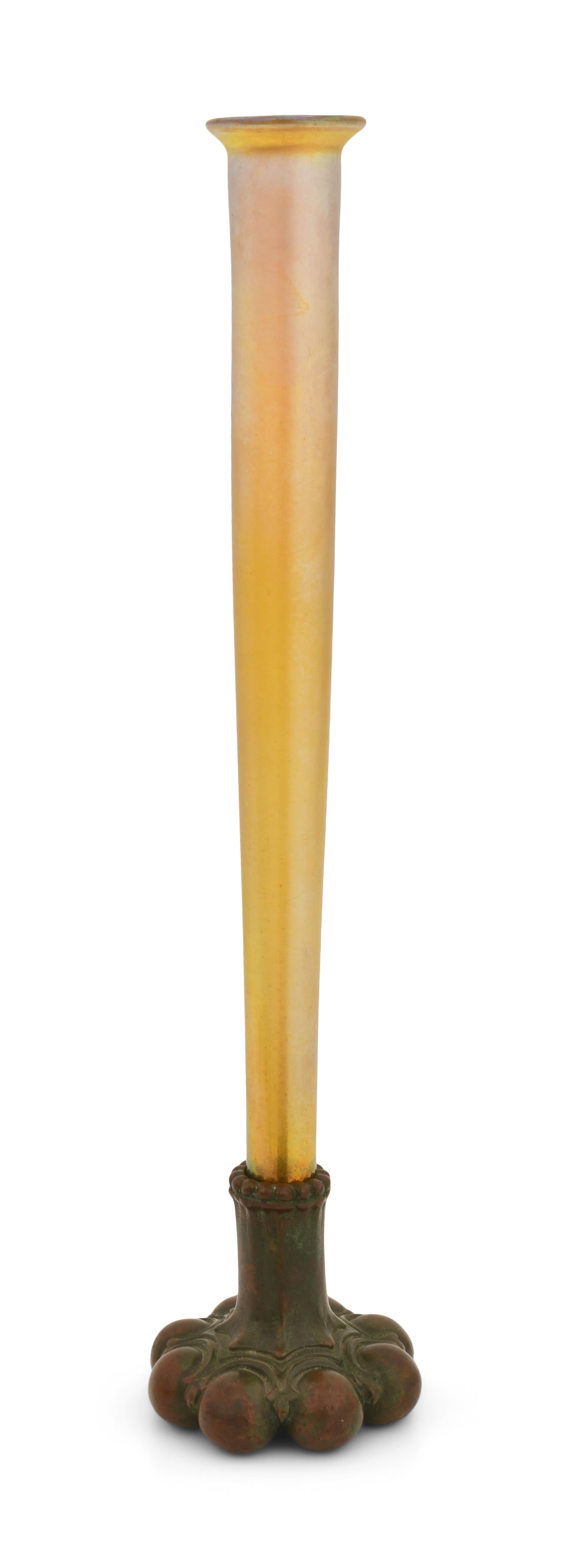 Tiffany Studios Favrile Glass & Bronze Bud Vase: Tiffany Studios Bud Vase circa 1915 favrile glass, patinated bronze insert engraved "L.C.T. Favrile" base impressed "Tiffany Studios, New York, 717" 13 x 3 inches
