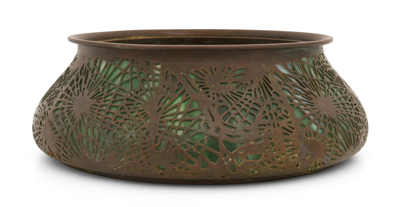 Tiffany Studios "Pine Needle" Planter: Tiffany Studios "Pine Needle" Planter circa 1910 patinated bronze, glass impressed "Tiffany Studios, New York" 3 3/4 x 10 3/4 inches