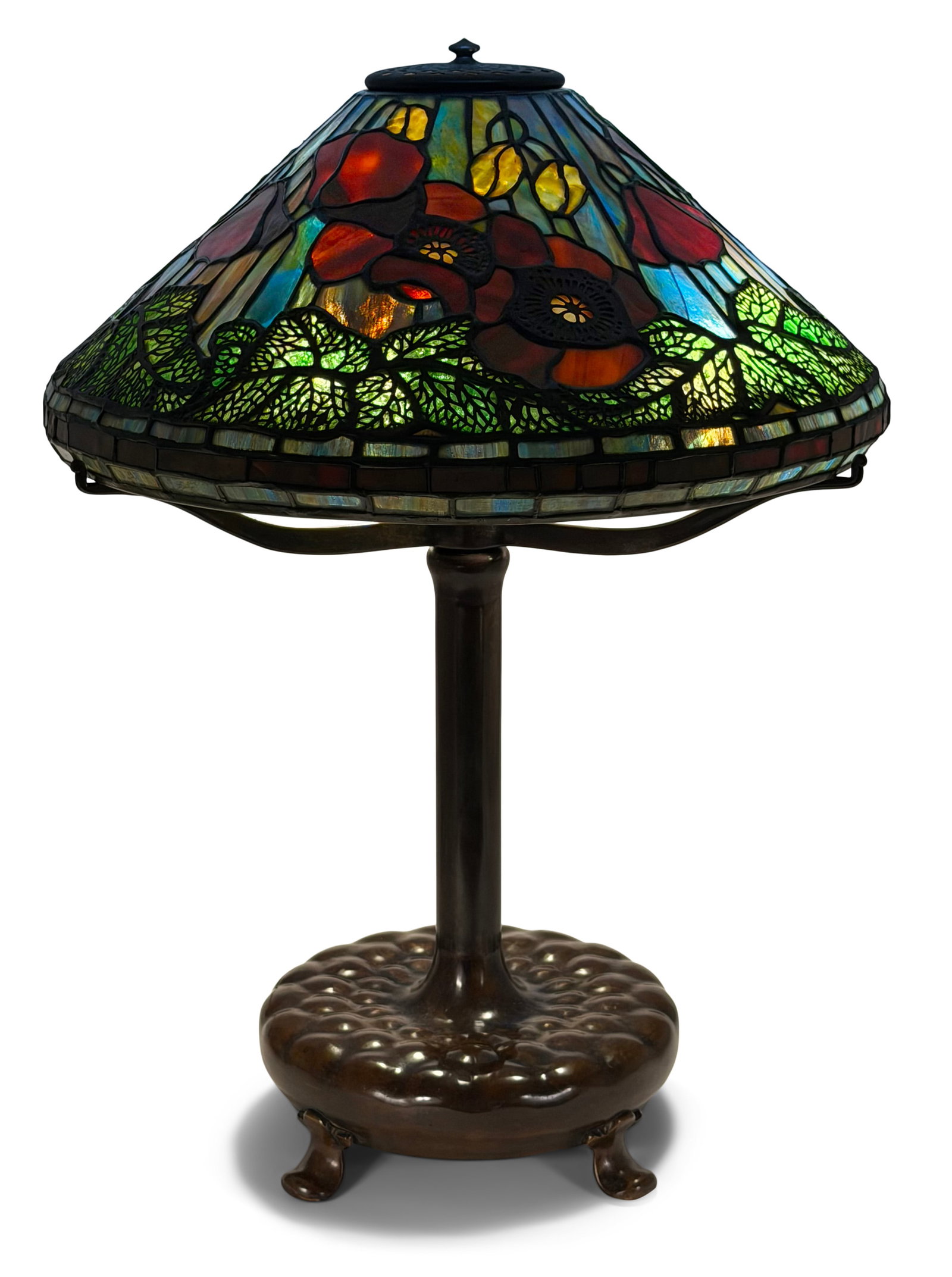 Tiffany Studios Table Lamp Base with a Reproduction Poppy Shade: Tiffany Studios Table Lamp Base with a Reproduction Poppy Shade early 20th century (base), late 20th century (shade) base marked "Tiffany Studios, New York, D794" 23 1/2 x 17 inches Provenance: Proper